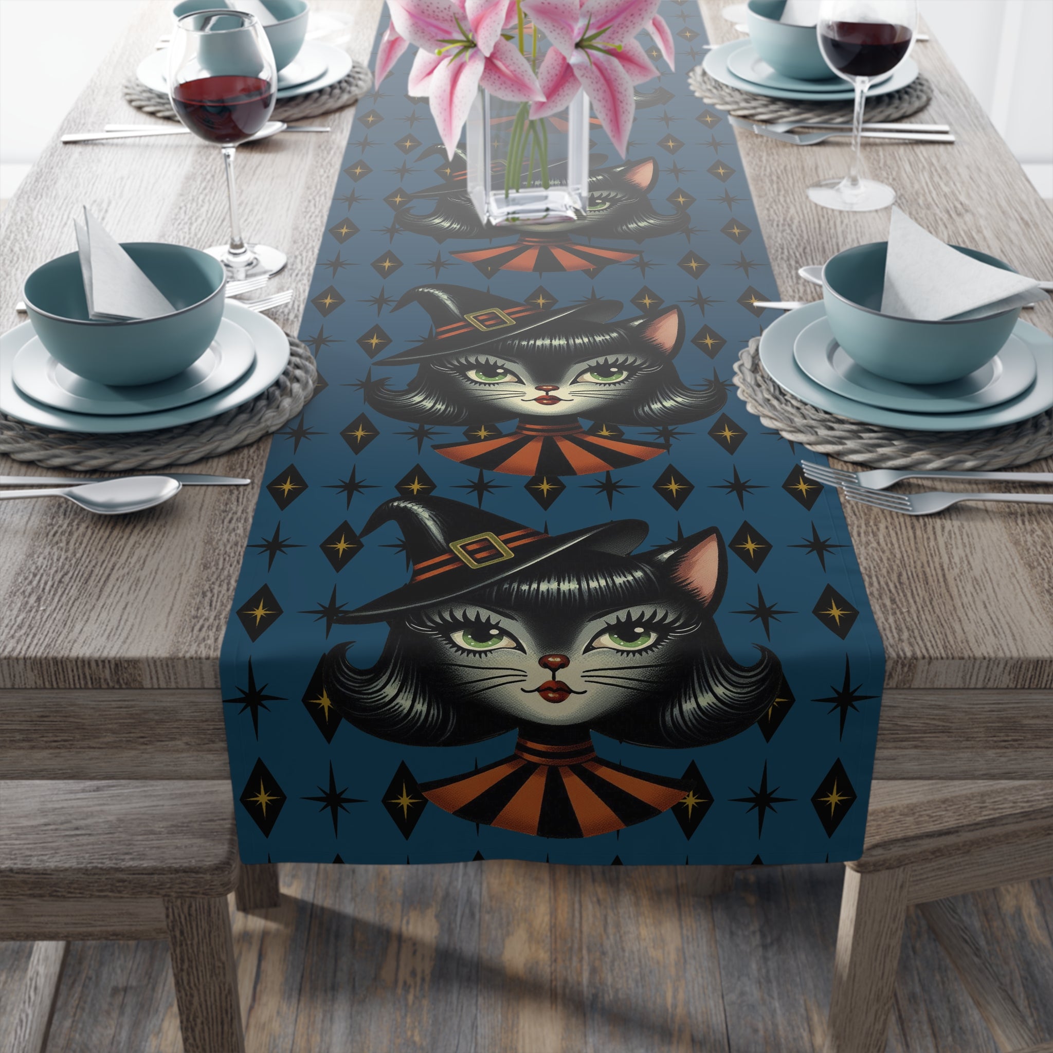Vintage Halloween Black Cat Sexy Sexton Mid Century Modern Blue Table Runner - Mid Century Modern Gal