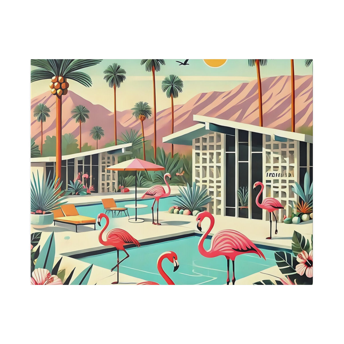 Mid-century modern wall art featuring pink flamingos by a poolside scene with Palm Springs architecture and vibrant colors.
