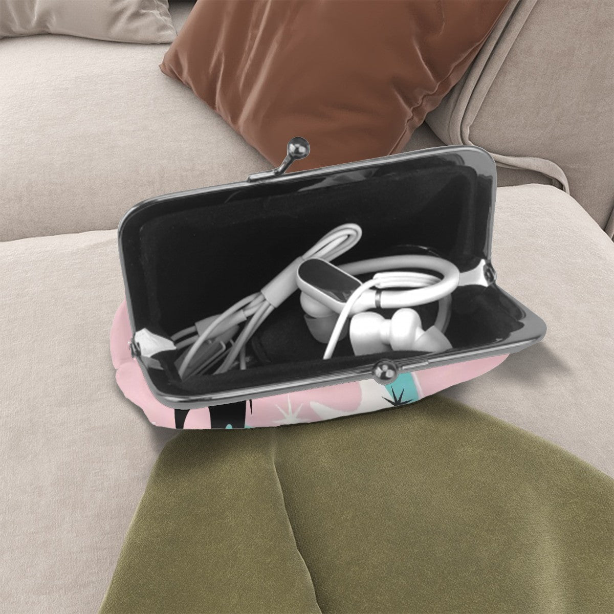 Atomic Pink Aqua Boomerang Kitschy Cat Mod Coin Purse for Women - Mid Century Modern Gal
