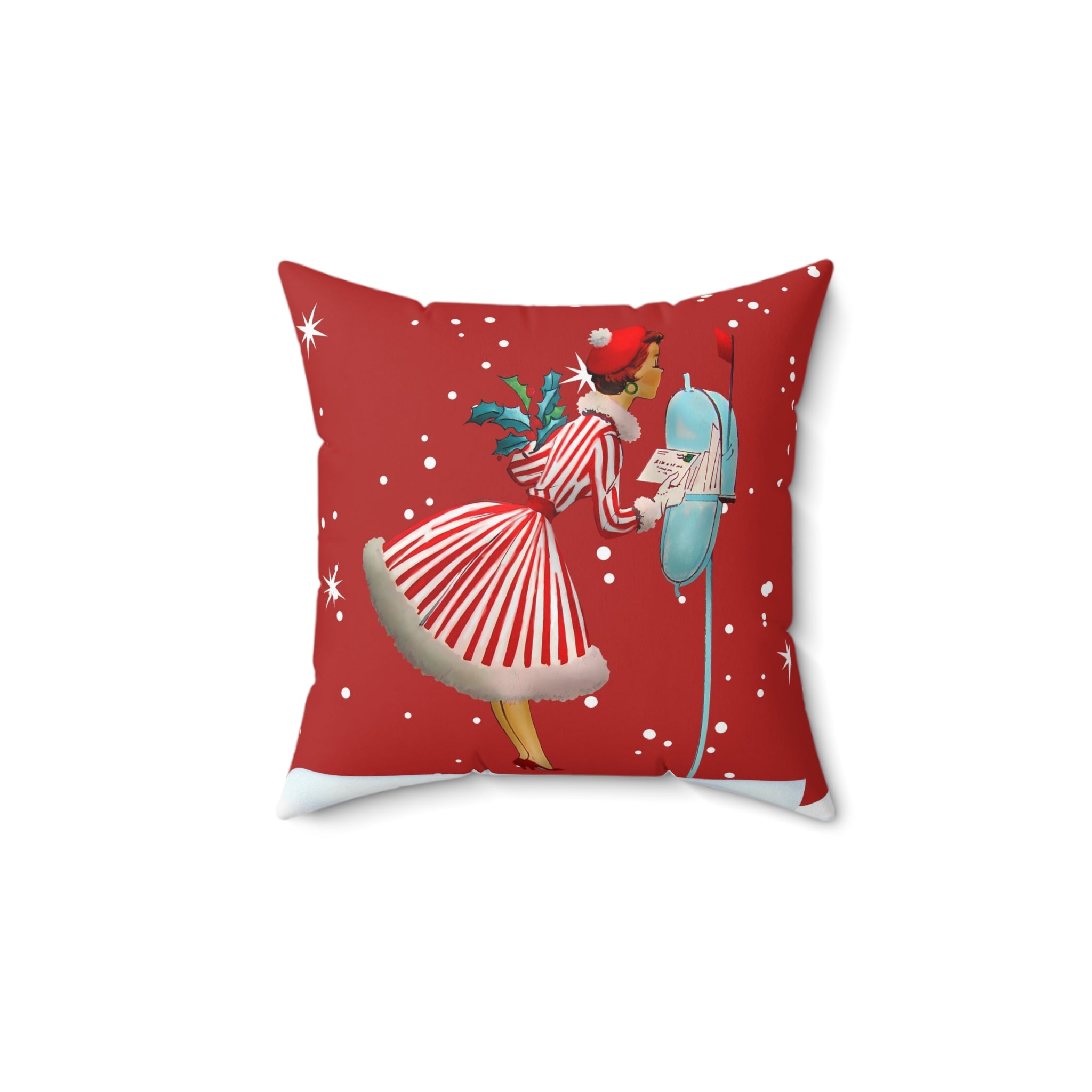 Vintage Christmas Decorative Pillow - Holiday Red with Retro Woman and Snowflakes - Mid Century Modern Gal