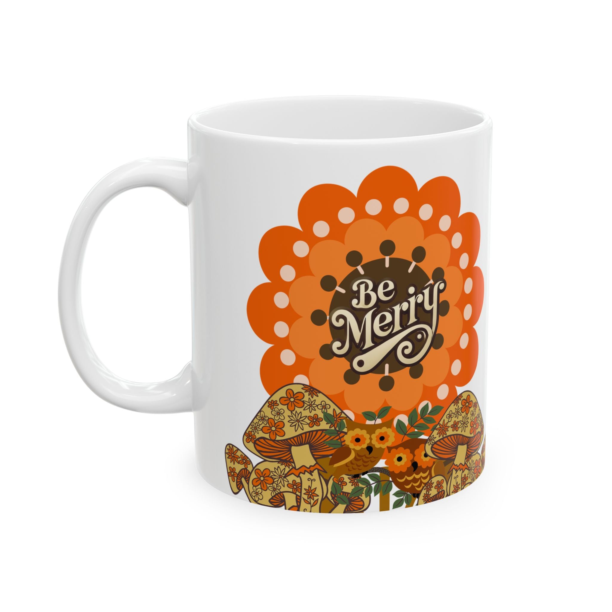 Sears Merry Mushroom, Be Merry 70s Flower Power Groovy Gal Whimsical Floral Ceramic Mug - Mid Century Modern Gal