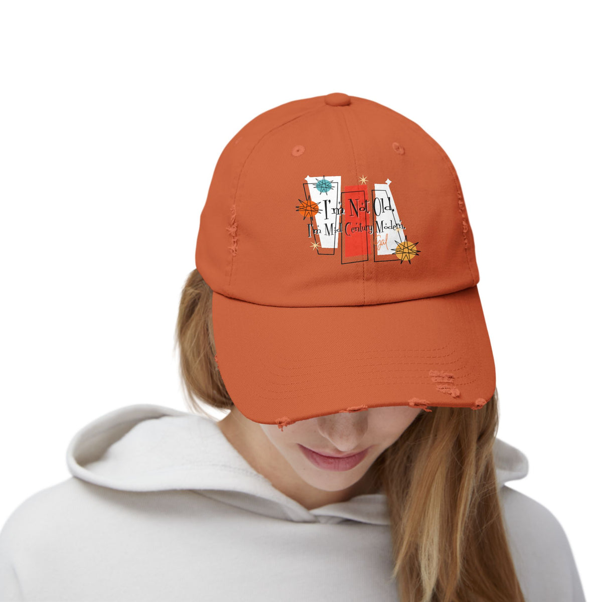 I'm Not Old, I'm Mid Century Modern ® Distressed Retro Mod Distressed Cap - Mid Century Modern Gal