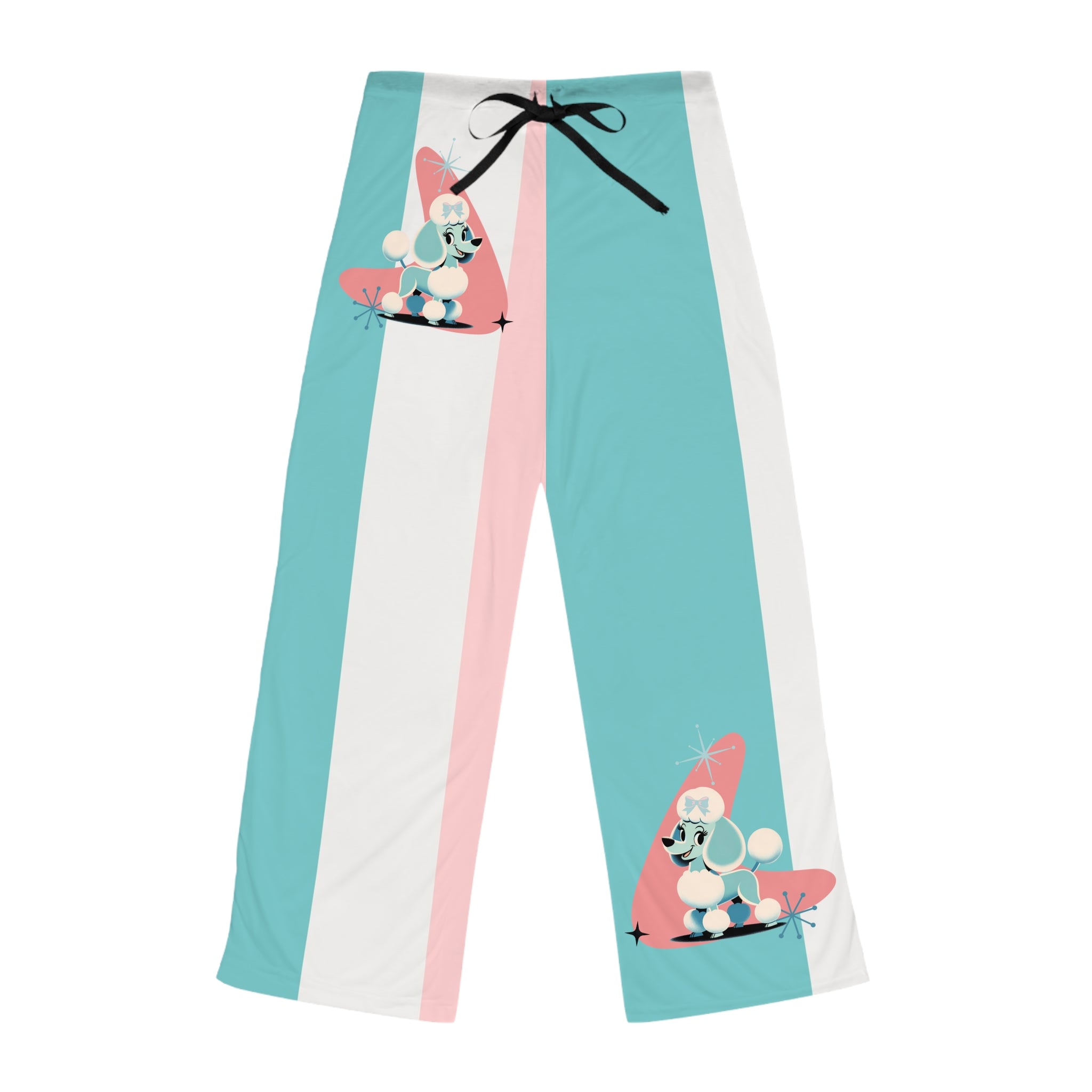 50s Poodle Retro Mid Mod Lounge Pants, Pink, Aqua, White Comfy Women&