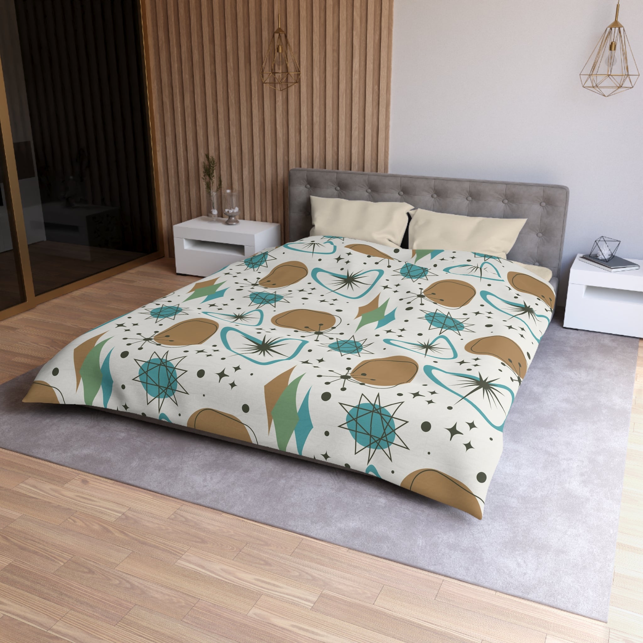 Mid Century Modern Franciscan Starburst Camel Brown, Beige Teal Starburst Retro-Modern Duvet Cover - Mid Century Modern Gal