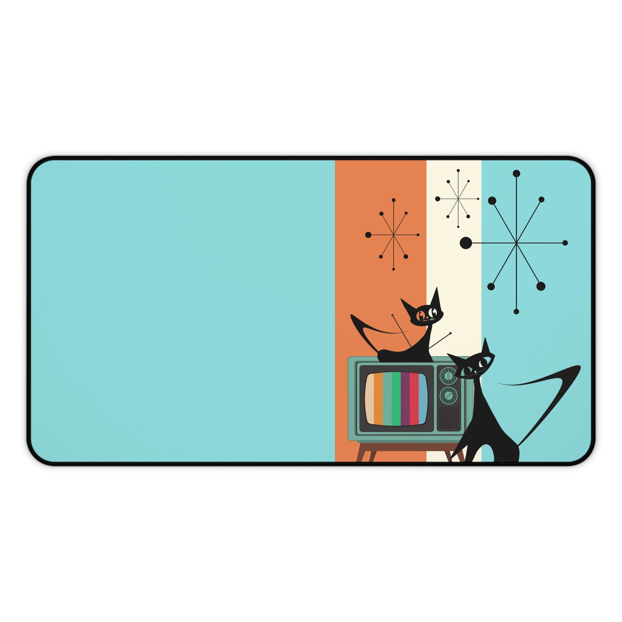 Atomic Cat, Aqua, Retro Mid Mod, Starburst, Orange, Cool Mid Century Modern Desk Mat - Mid Century Modern Gal