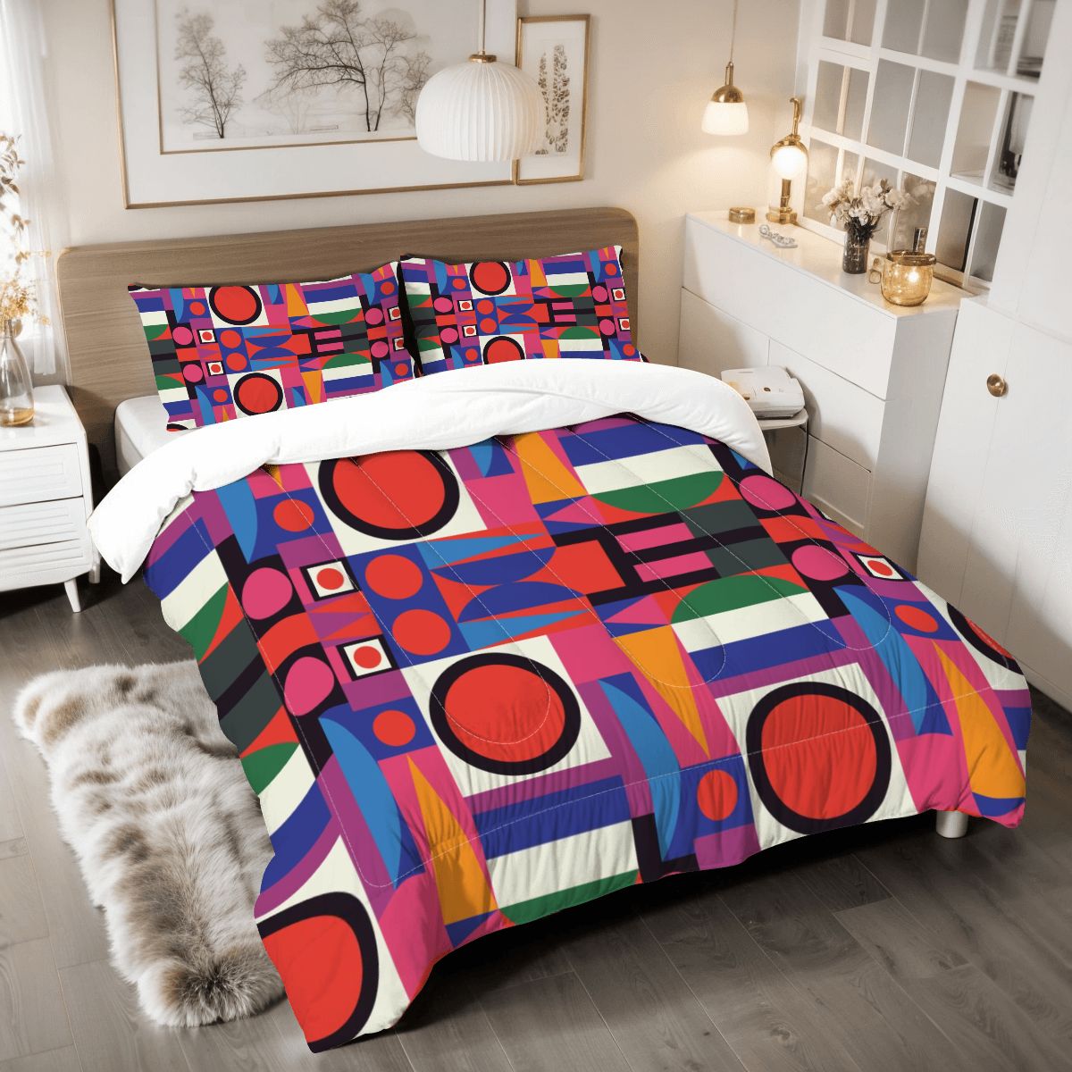 Mid Century Modern Bauhaus Designed Geometric Red, Blue Yellow Green MCM King Comforter Set - Mid Century Modern Gal