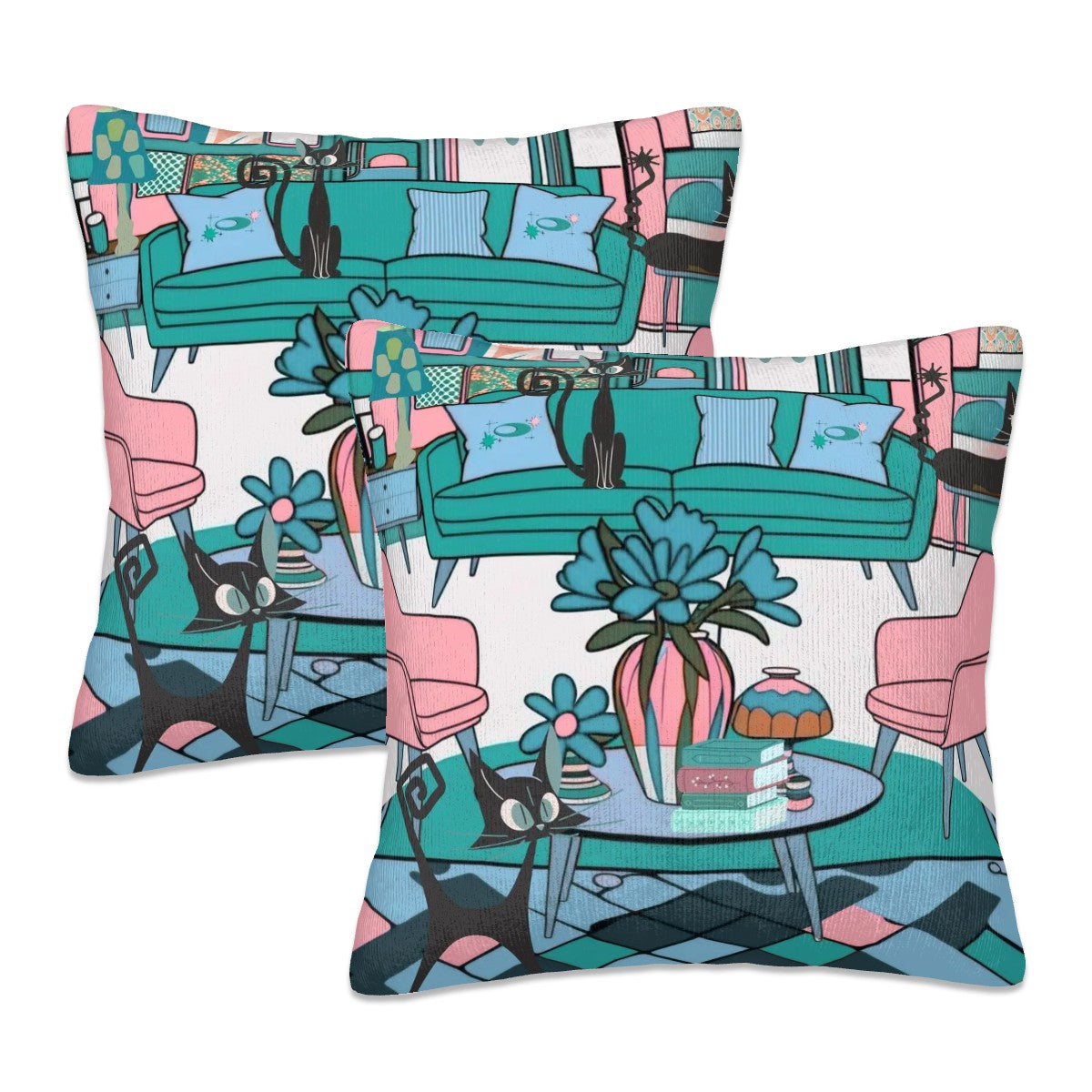 Mid Century Modern Atomic Cats, Kitschy Mod Livingroom Pillow Covers - Mid Century Modern Gal