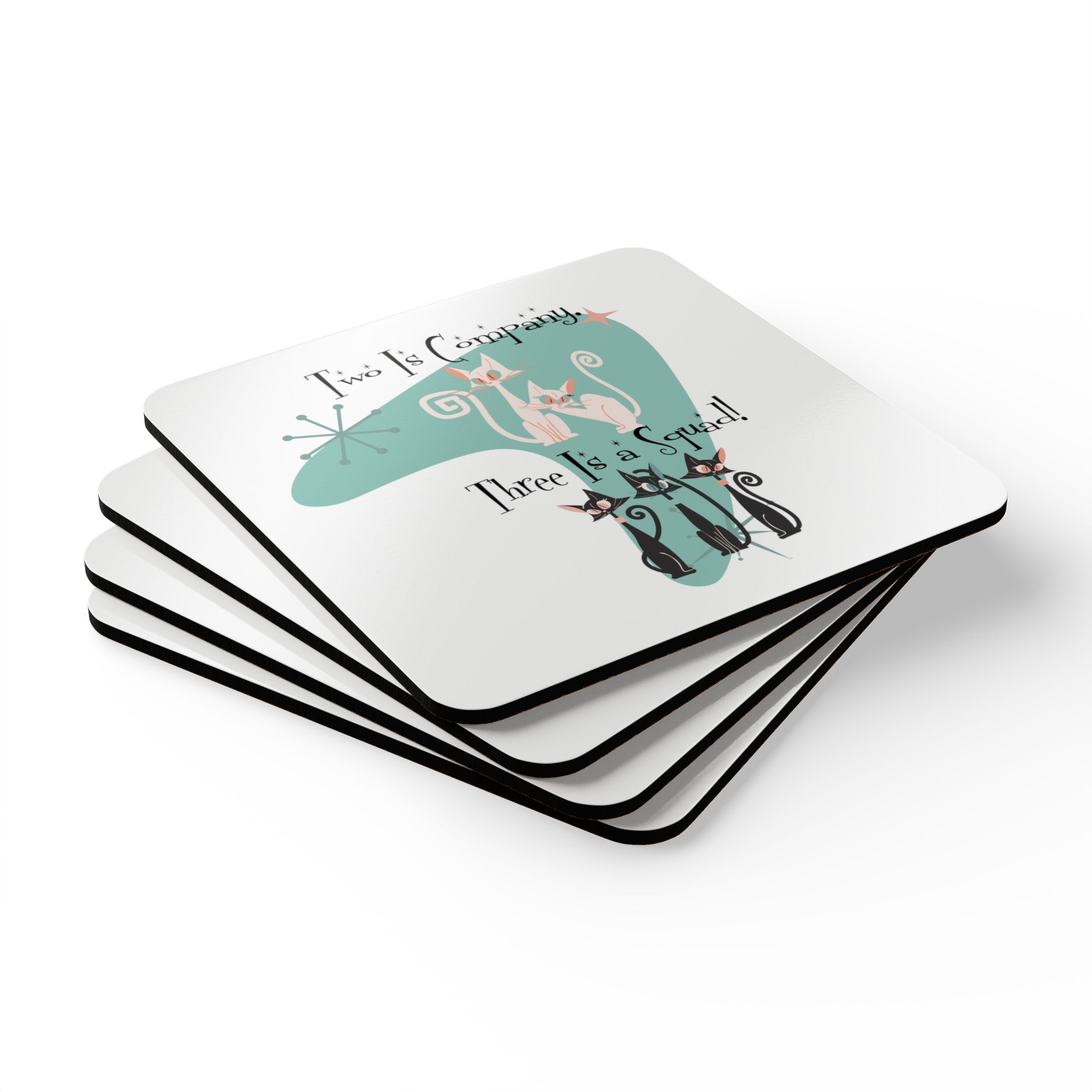 Atomic Cat Coasters For Co-worker gift, Besties Corkwood Coaster Set - Mid Century Modern Gal