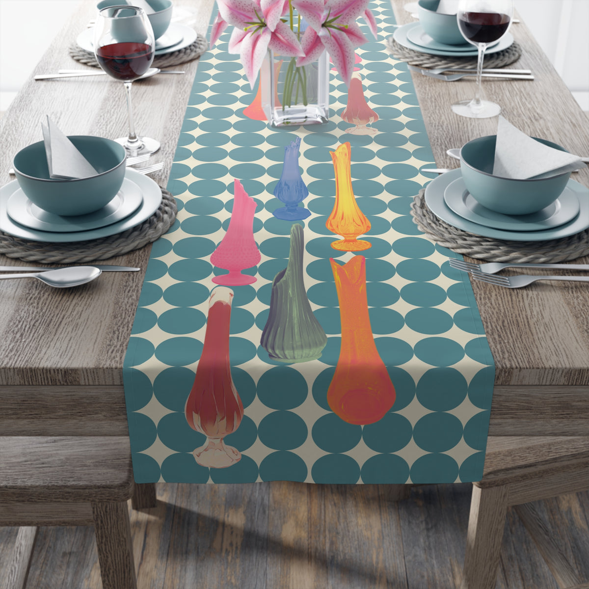 Mid Century Modern Swung Glass Retro Dots, Colorful Patterned Table Runner for Festive Dining - Mid Century Modern Gal