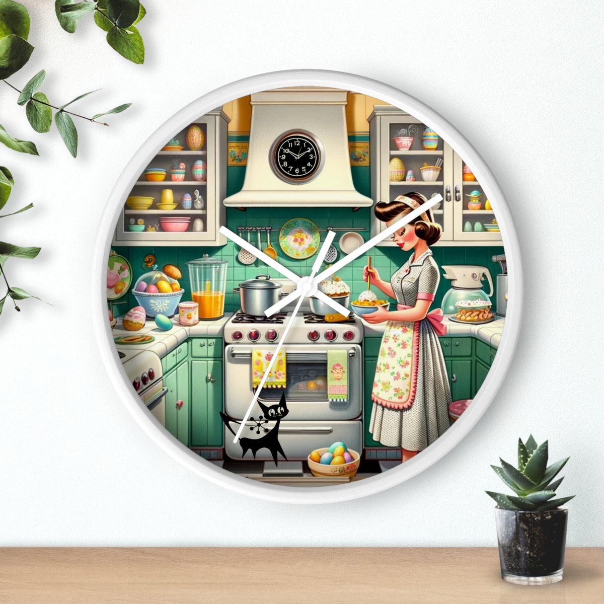 Vintage Kitschy Designed Mid Mod Gal Atomic Cat, Spring Wall Clock with Retro Cooking Design - Mid Century Modern Gal