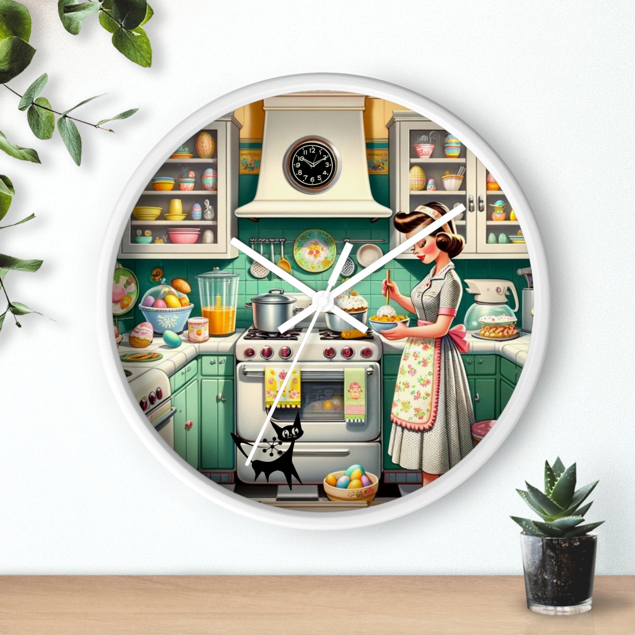 Vintage Kitschy Designed Mid Mod Gal Atomic Cat, Spring Wall Clock with Retro Cooking Design - Mid Century Modern Gal