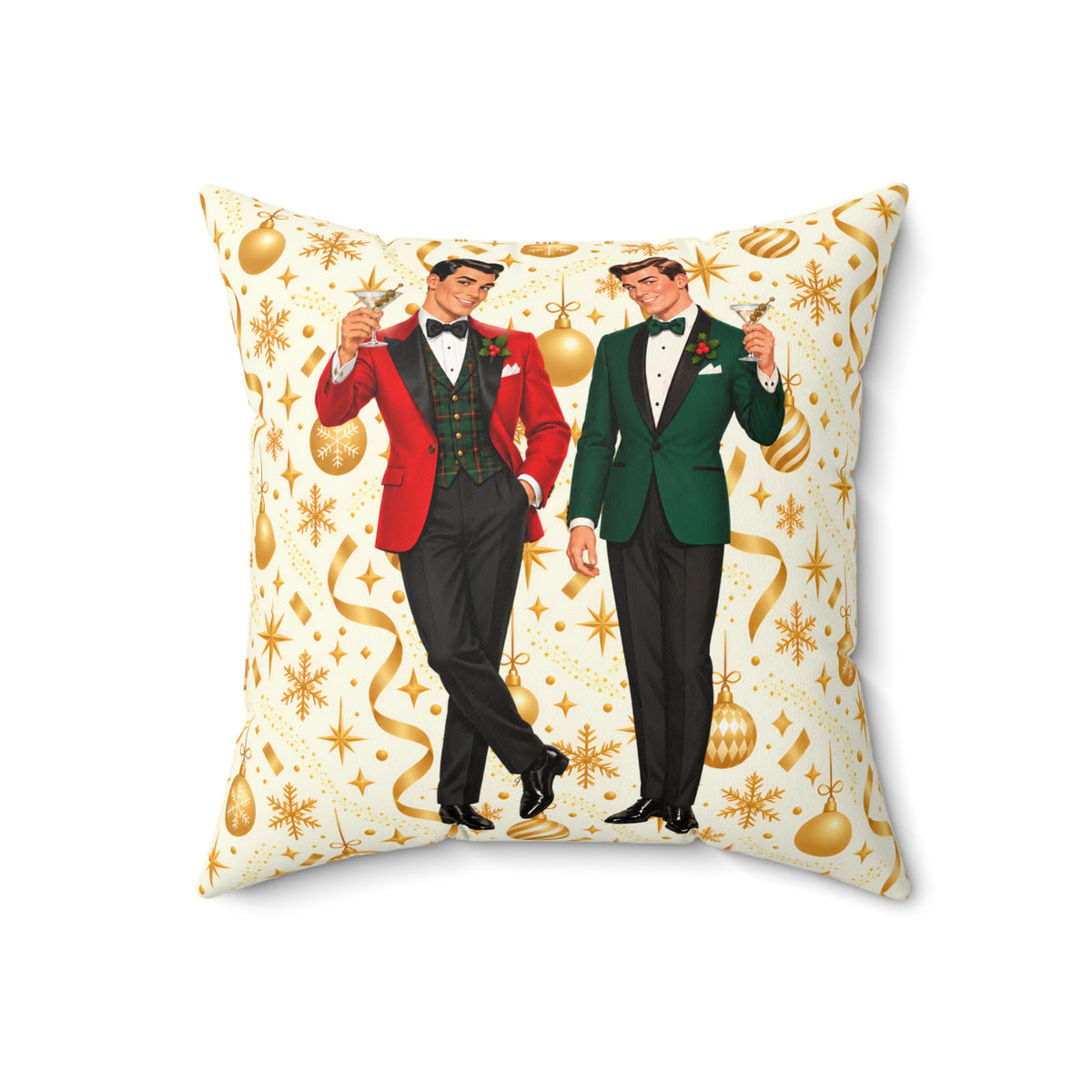 Mid Century Modern Christmas Martini Dapper Gay Male Couple Pillow Cover and Insert