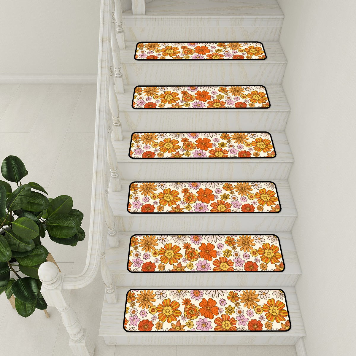 Mod 70s Flower Power Golden Yellow, Orange Funky Fun Non Slip Carpet for Stairs Treads - Mid Century Modern Gal