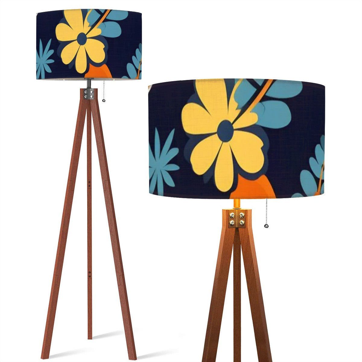 Royal Blue Boho Floral Retro Mod Tripod Floor Lamp - Mid Century Modern Gal