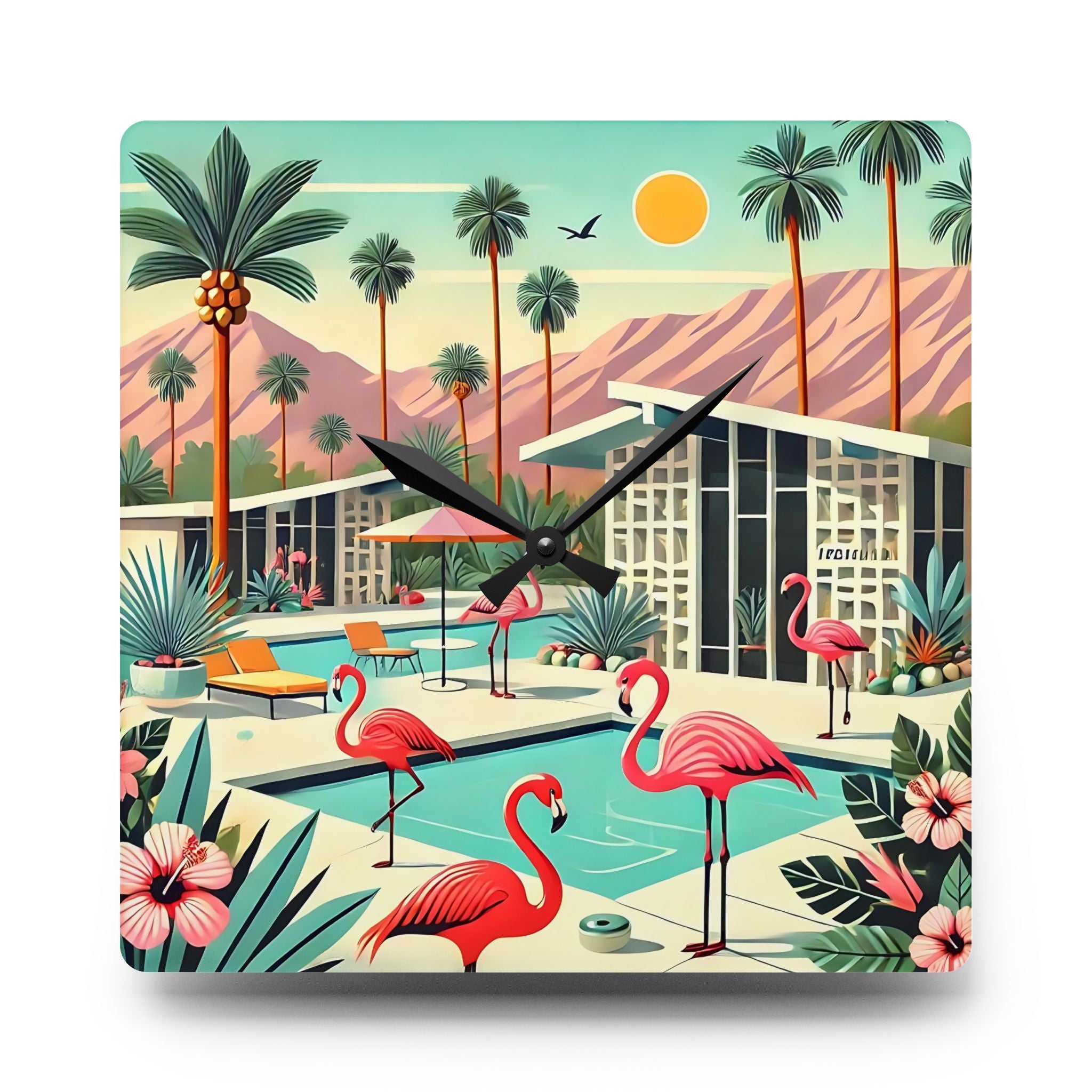 Palm Beach California Flamingo Clock, Kitsch Mod Acrylic Wall Clock - Mid Century Modern Gal