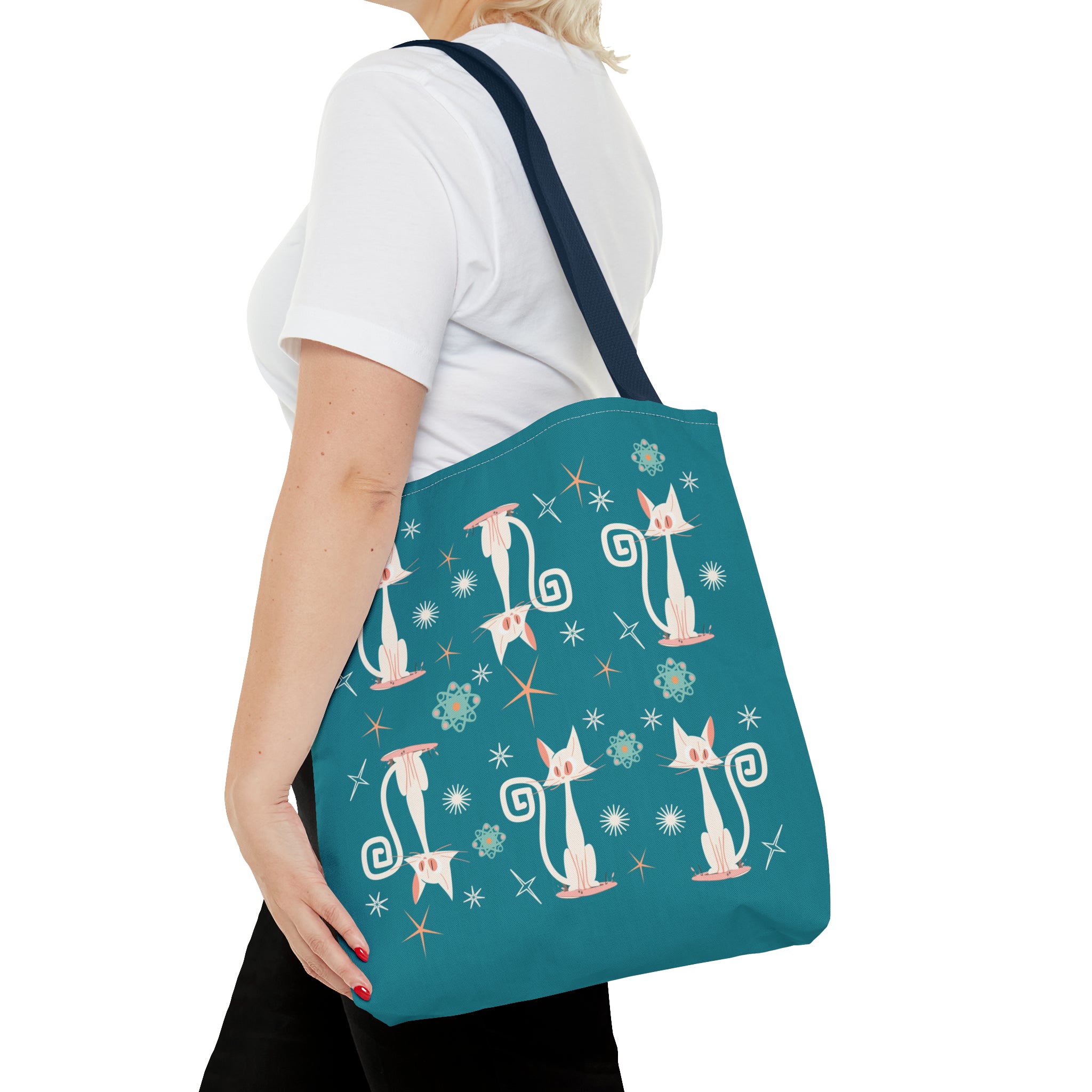 Atomic Kitties, White Kitschy Cats, Coral, Teal, Atomic Age Mid Century Modern Tote Bag - Mid Century Modern Gal