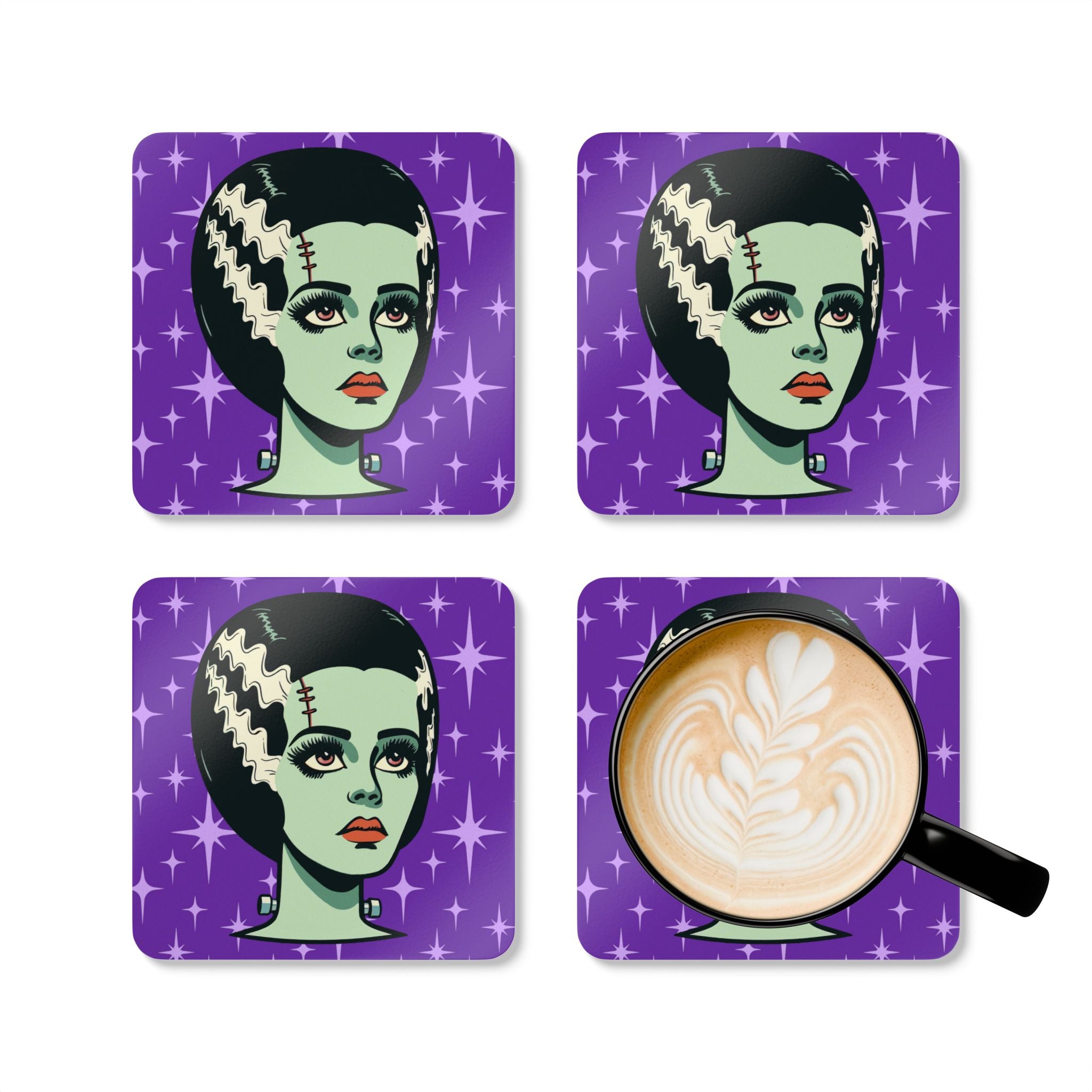 Bride of Frankenstein Retro Mid Mod Horror Buff Purple Halloween Corkwood Coaster Set - Mid Century Modern Gal