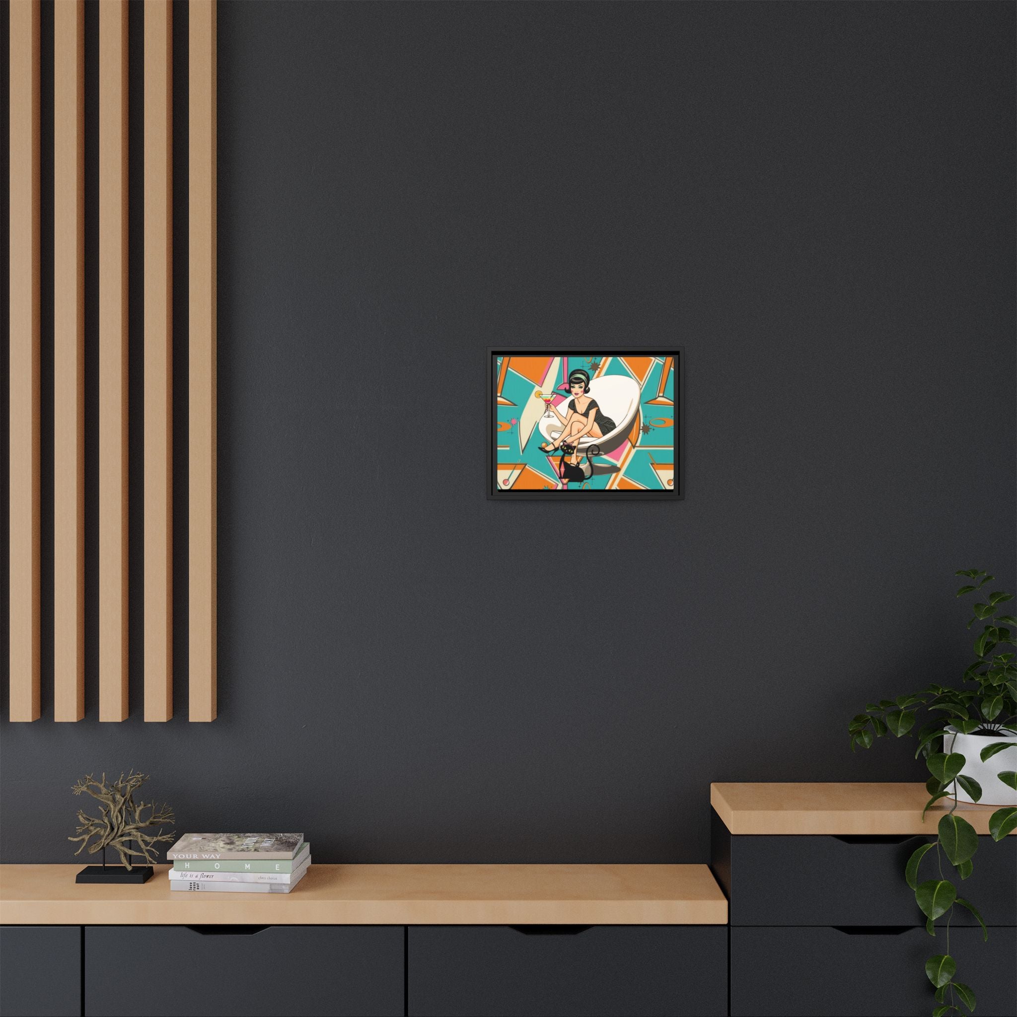 Mid Mod 60s Gal, Atomic Cat Barware Wall Art - Framed Matte Canvas with Vintage Cocktail And Retro Cat Design - Mid Century Modern Gal