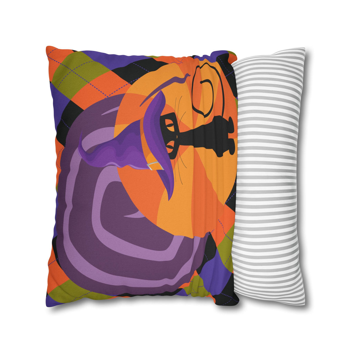 Atomic Cat Harlequin Pattern Orange Purple Black, Kitschy Halloween Pillow Cover - Mid Century Modern Gal