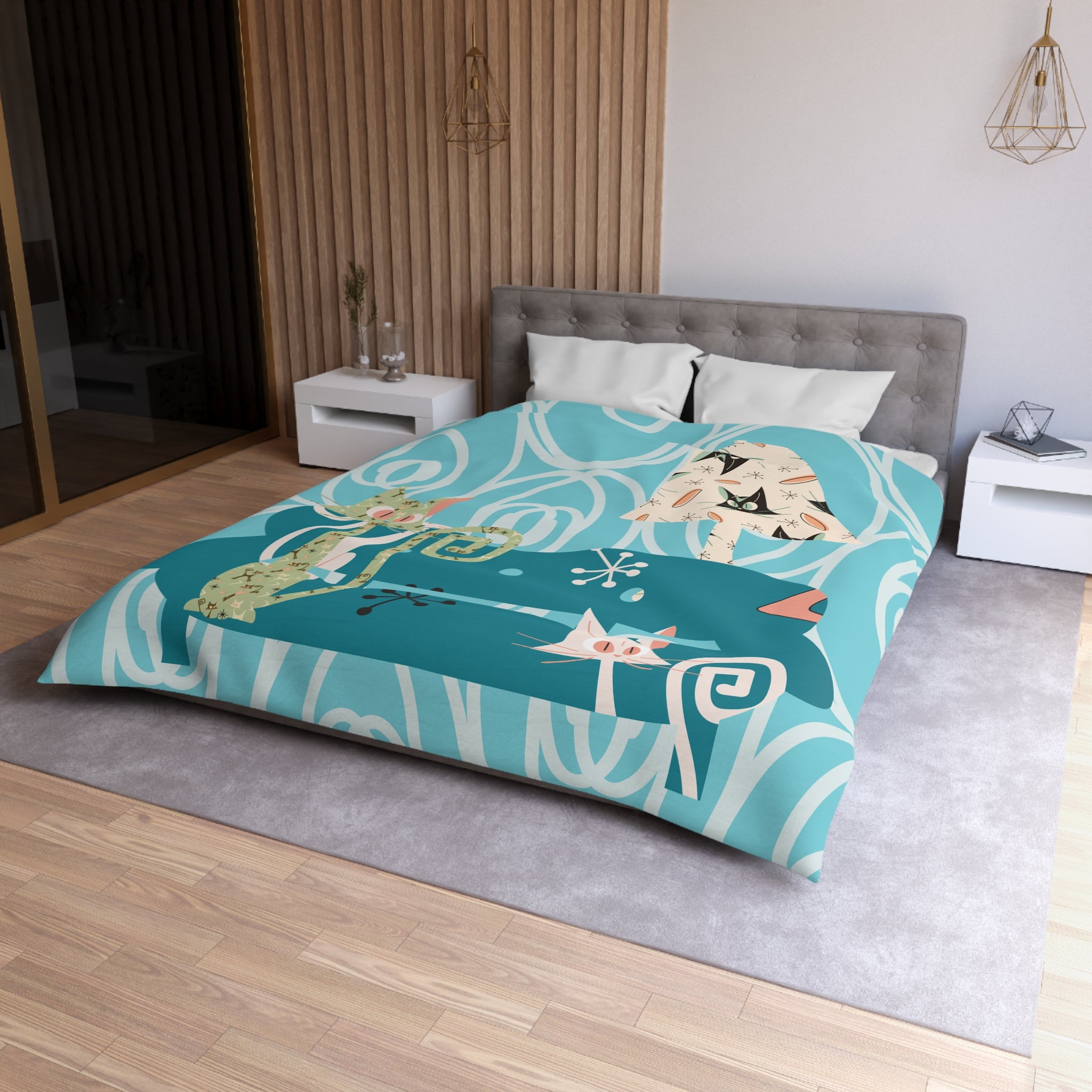 Atomic Cat Bedding, Mid Century Modern Style, Quirky, Whimsical Blue, Coral, Kitschy 50s Funky Fun MCM Duvet Cover - Mid Century Modern Gal