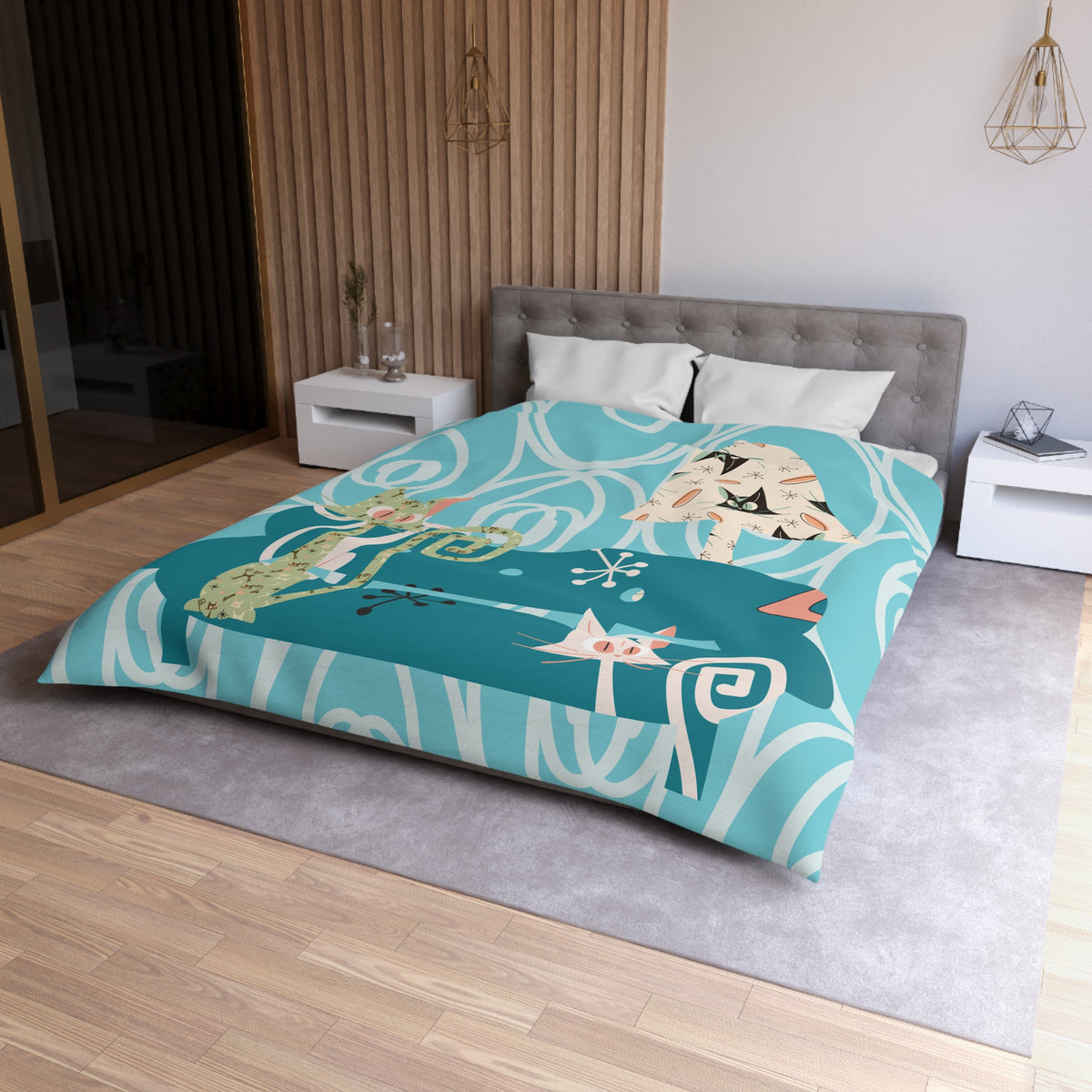 Atomic Cat Bedding, Mid Century Modern Style, Quirky, Whimsical Blue, Coral, Kitschy 50s Funky Fun MCM Duvet Cover - Mid Century Modern Gal