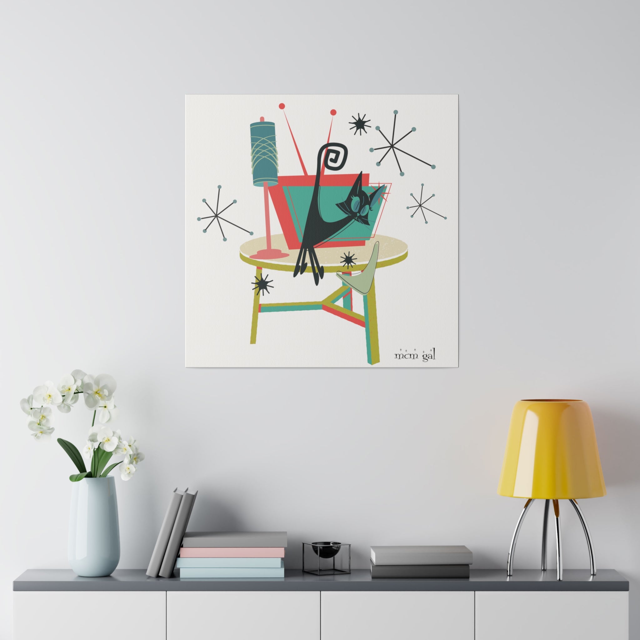 Atomic Cat Art, Quirky Kookie Mid Century Modern Matte Canvas - Mid Century Modern Gal