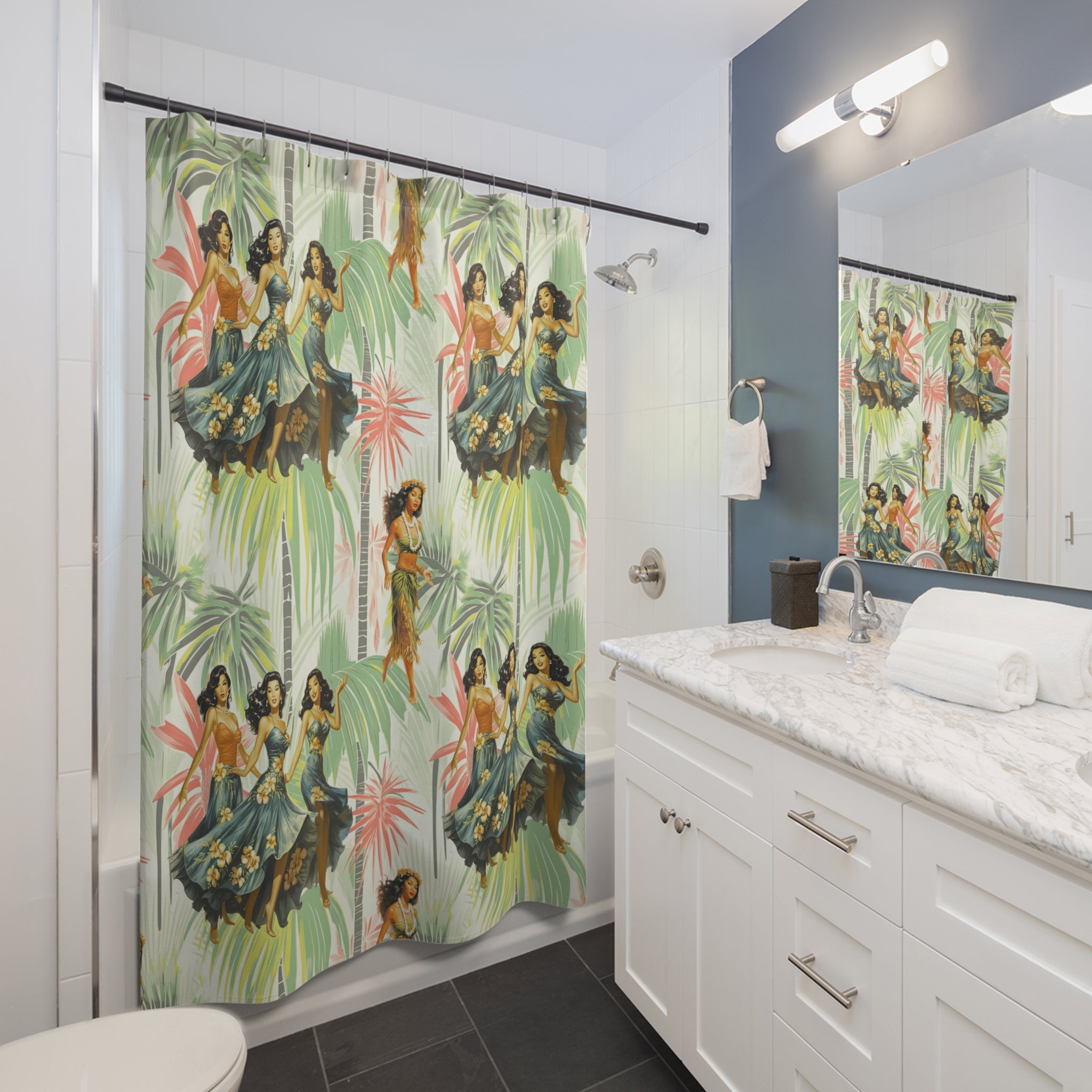 Vintage 1950’s, 60s Hawaiian Polynesian Dancers Mid Century Modern Style Shower Curtain - Mid Century Modern Gal