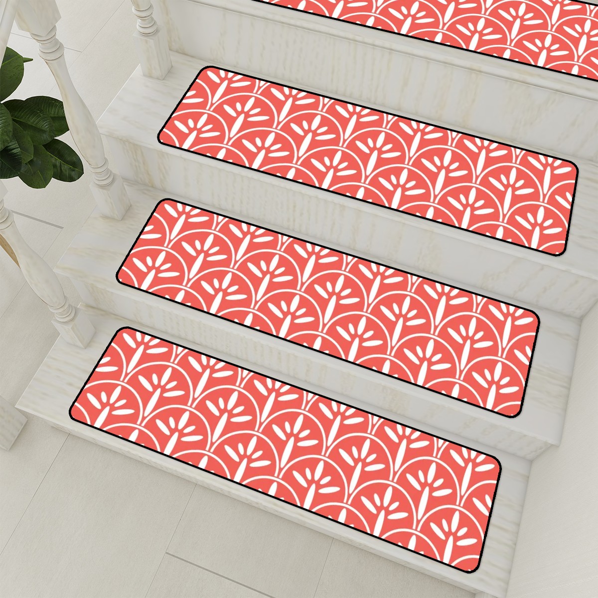 Art Deco Stair Tread Carpets | Coral And White Mid Century Modern Style Non Slip Carpet for Stairs Treads - Mid Century Modern Gal