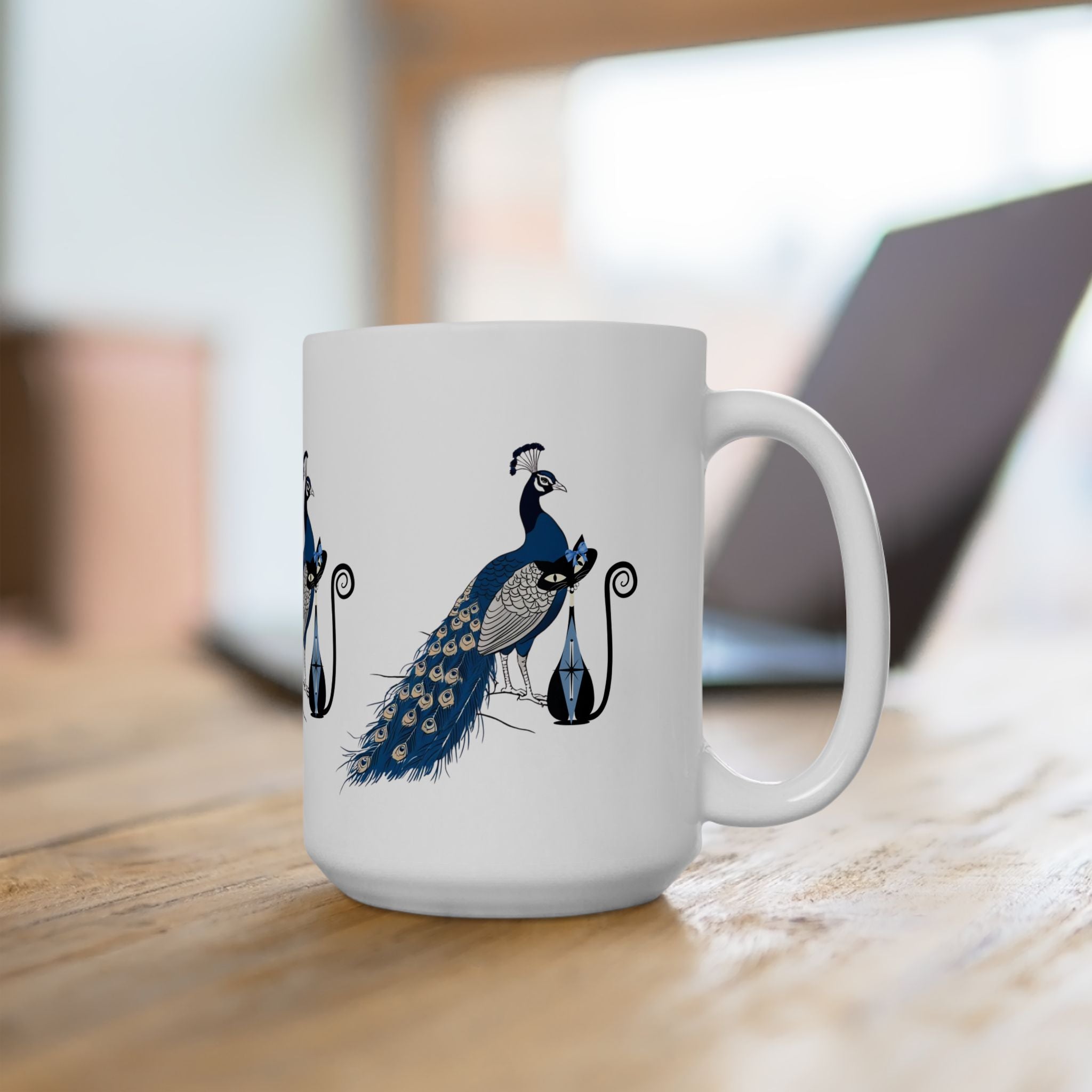 Atomic Cat Mug Blue Chinoiserie Peacock MCM Black Cat Mug Vintage Inspired Gift Elegant Peacock Ceramic Mug - Mid Century Modern Gal