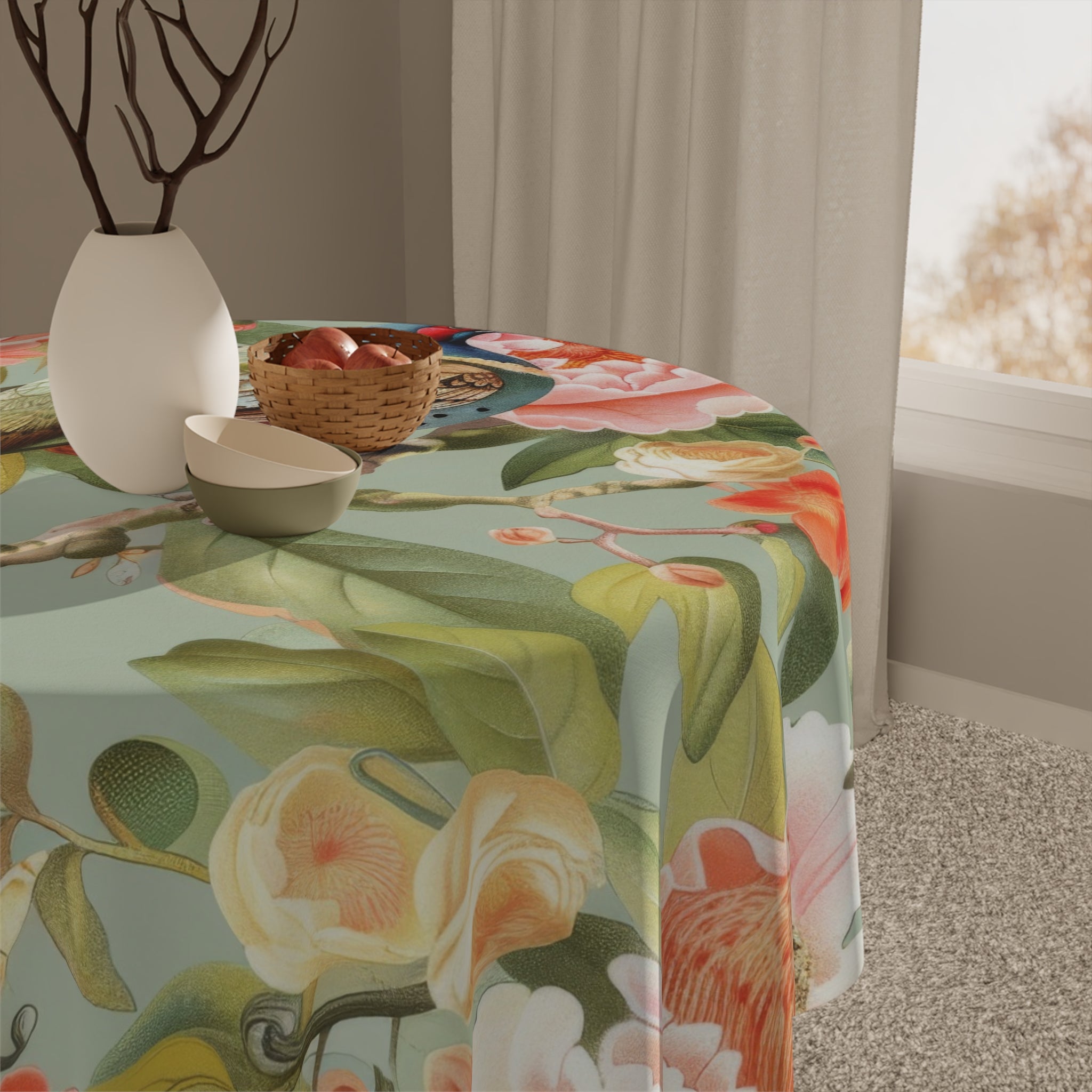 Chinoiserie Floral Pheasant Bird Tablecloth - Elegant Home Décor for Spring Celebrations - Mid Century Modern Gal