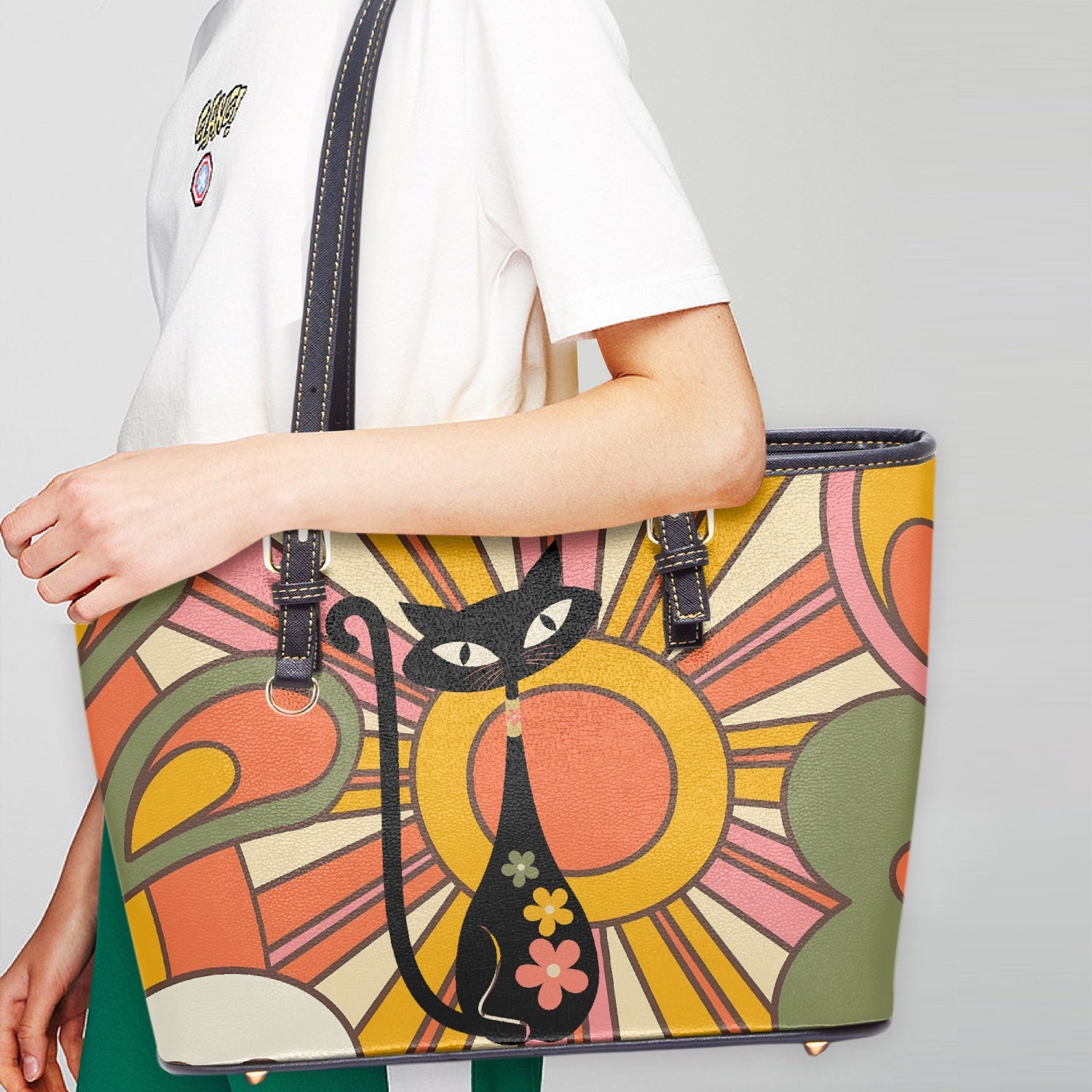 Atomic Groovy Cat, Retro Ray Of Sunshine, 70s Style Hippie Chick Shoulder Bag - Mid Century Modern Gal
