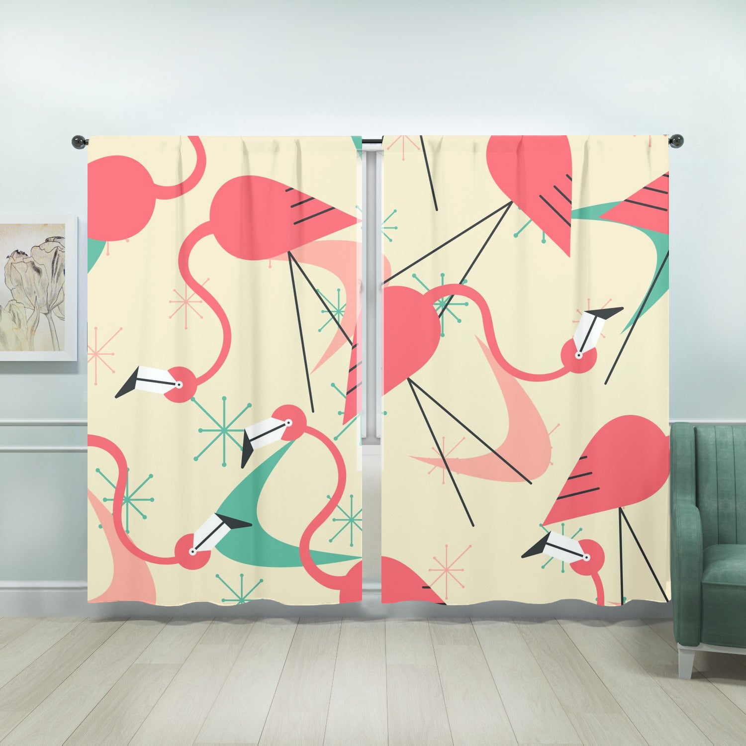 Mid Century Modern Flamingo Kitschy Fun Quirky Retro Window Curtains (two panels) - Mid Century Modern Gal