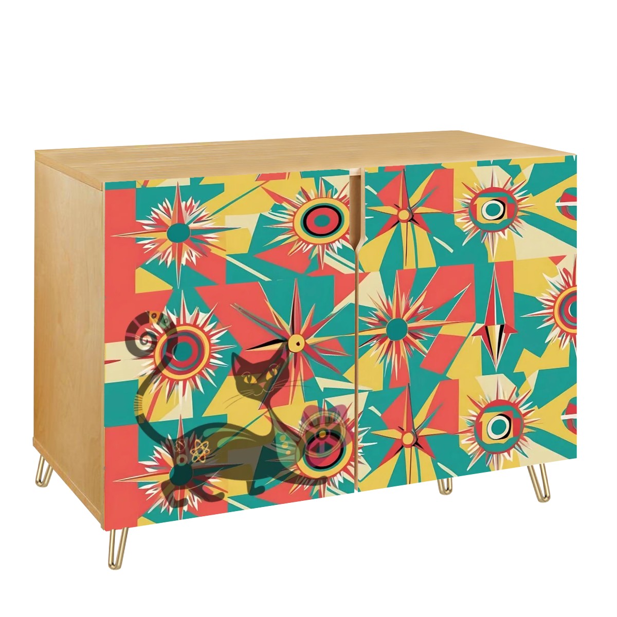 Atomic Space Cat Mid Century Modern Coral, Teal, Yellow Mid Century Modern Wooden Storage Cabinet - Mid Century Modern Gal
