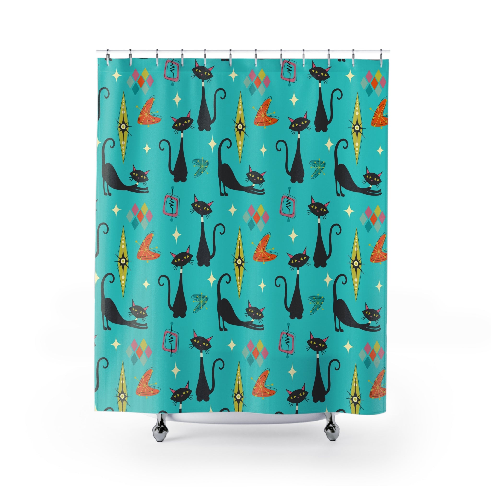 Atomic Cats Starbursts Boomerangs Kitschy Mod Retro Cat Shower Curtain - Mid Century Modern Gal