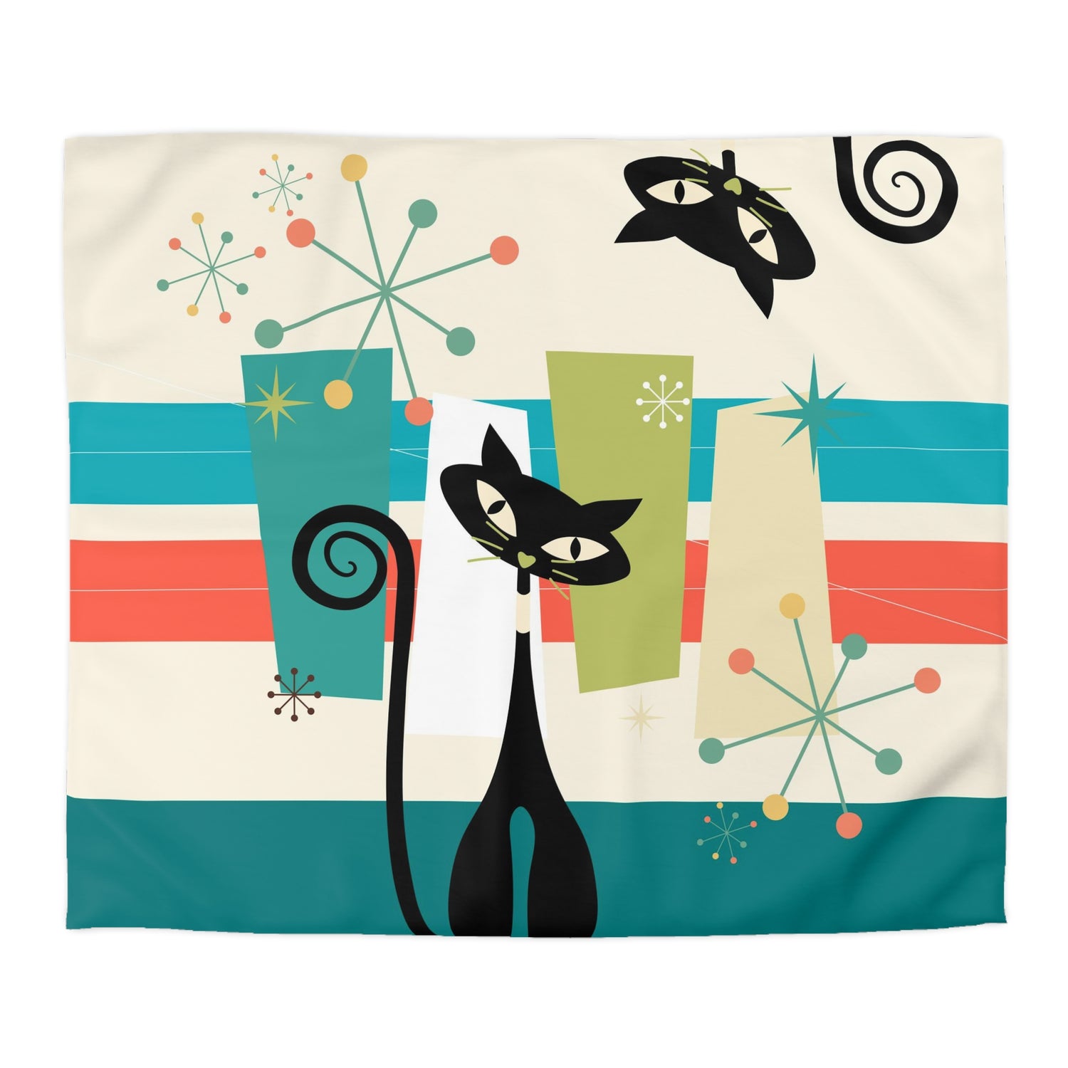 Mid Cenury Modern Atomic Cat, MCM Bedding, Starbursts,Teal, Orange,  KItschy Quirky Fun Duver Cover - Mid Century Modern Gal