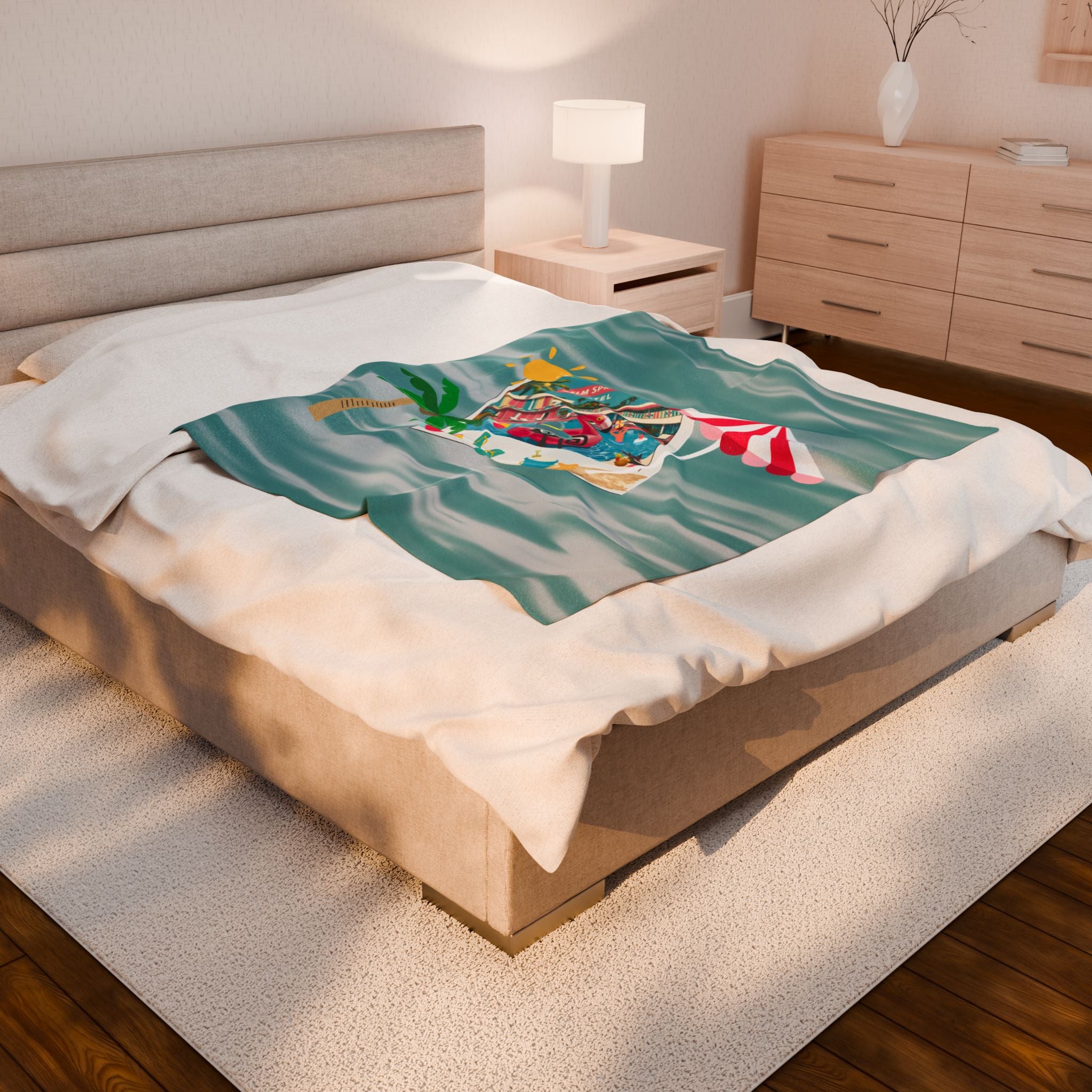 Palm Springs Hotel Retro Mod Flamingo And Atomic Cats, Tropical Getaway Velveteen Plush Blanket - Perfect for Beach Days and Cozy Nights - Mid Century Modern Gal