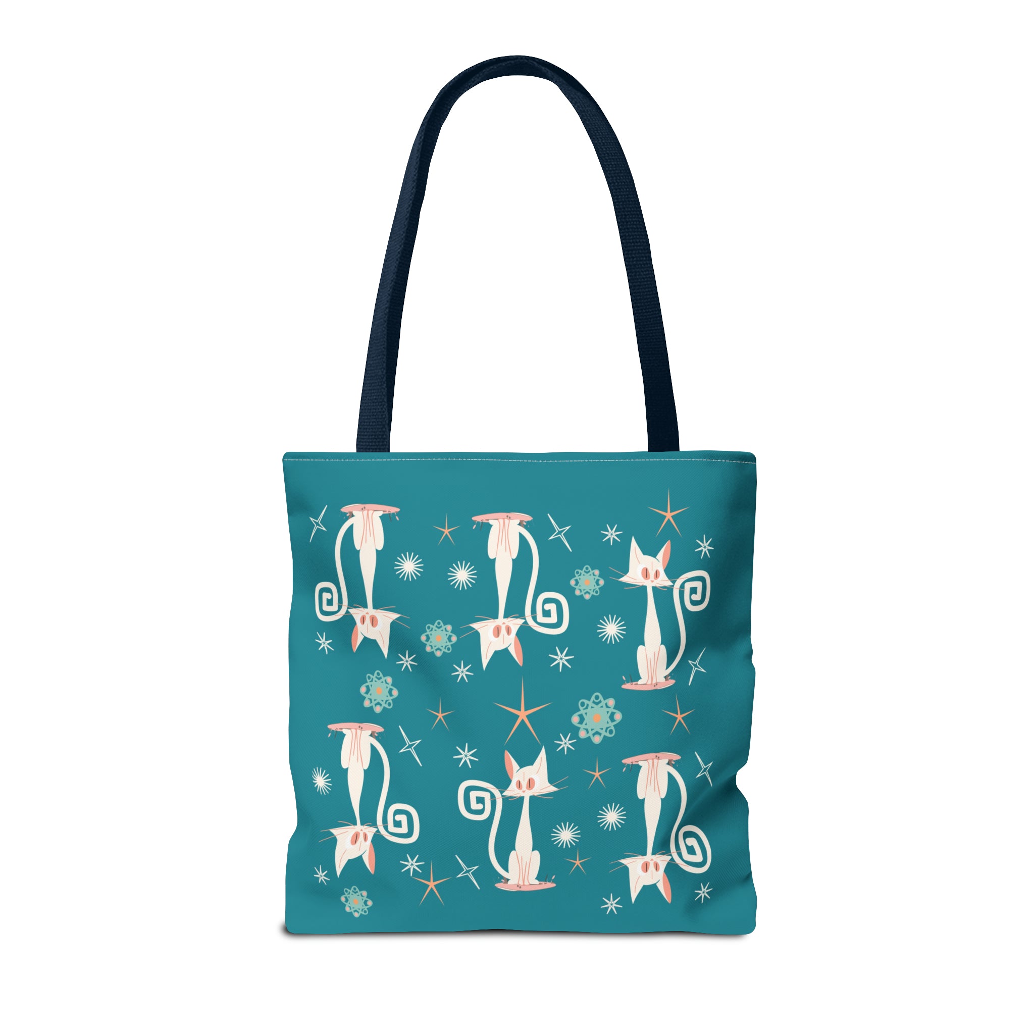 Atomic Kitties, White Kitschy Cats, Coral, Teal, Atomic Age Mid Century Modern Tote Bag - Mid Century Modern Gal