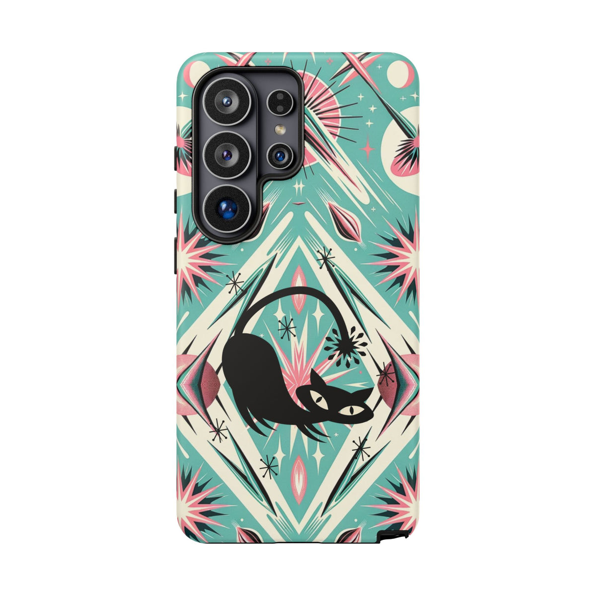 Atomic Cat, Mid Century Modern Aqua Blue, Pink, Starbursts Tough Phone Case