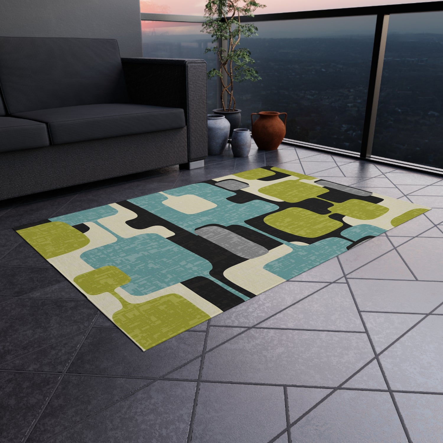 Mid Century Modern Geometric Indoor, Outdoor Area Rug, Lime Green, Aqua Blue, Black - Mid Century Modern Gal