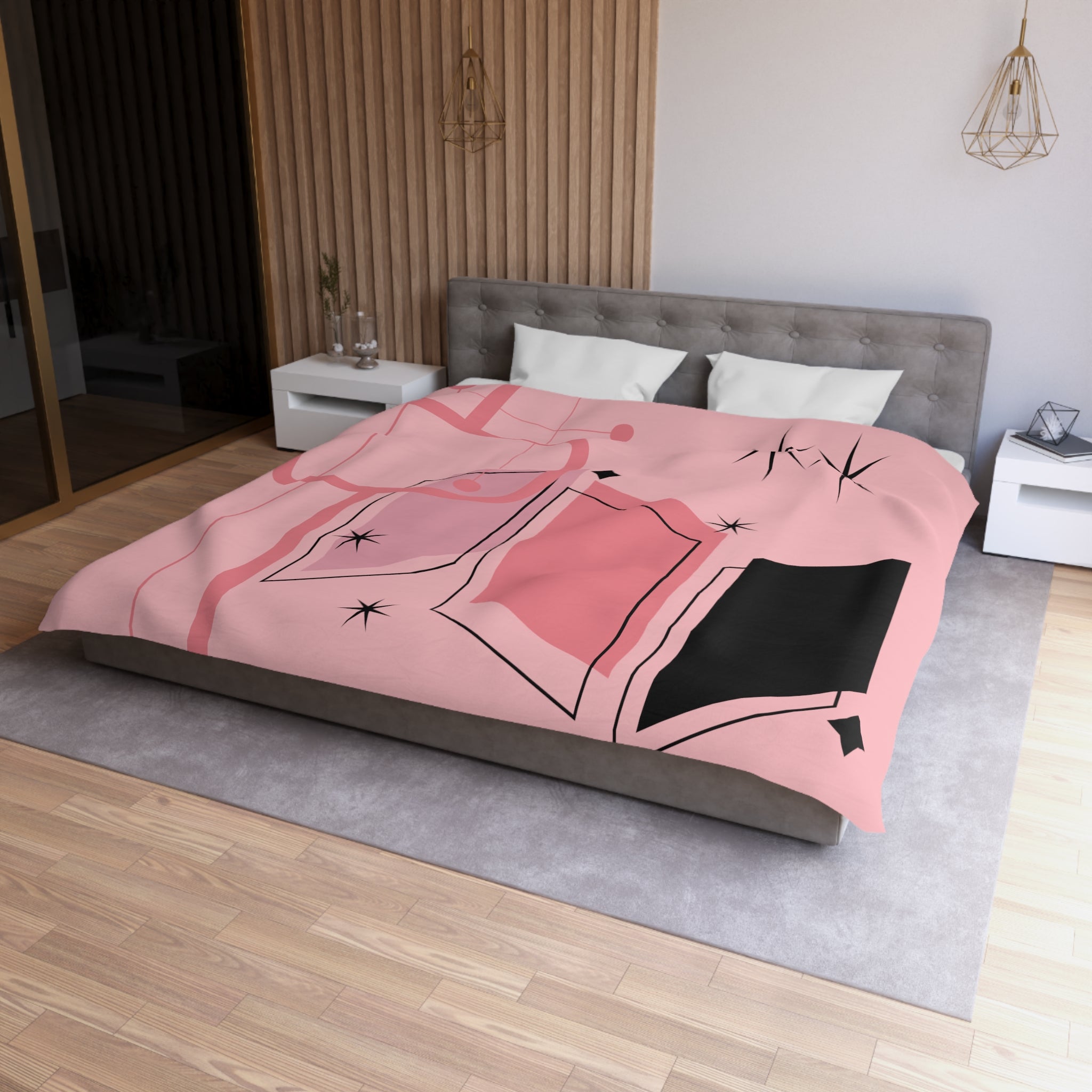 Atomic Pink Mid Century Modern Duvet Cover, Black, Starburst Geometric Retro Room Decor - Mid Century Modern Gal