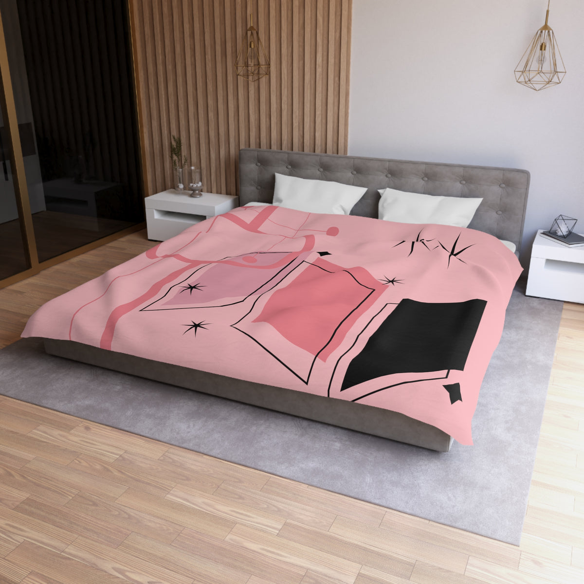 Atomic Pink Mid Century Modern Duvet Cover, Black, Starburst Geometric Retro Room Decor - Mid Century Modern Gal