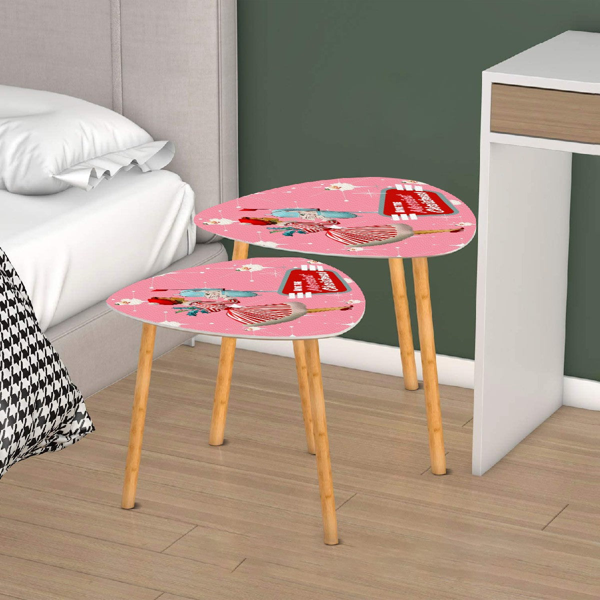 Mid Century Modern 50s Christmas Kitsch Atomic Pink Santa Retro Mod Gal Holiday Nesting Tables - Mid Century Modern Gal