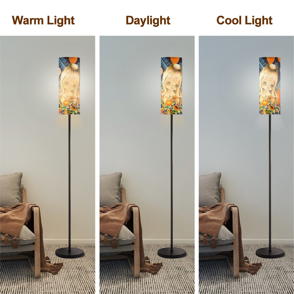 Retro Big Eyed Hippie Girl From The 70s, Floral Boho Pattern Mod Floor Lamp - Mid Century Modern Gal