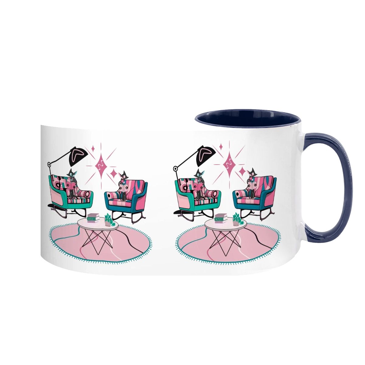 Atomic Reading Cats, Kitschy Mid Century Modern Large Colorful Mug (15oz) - Mid Century Modern Gal