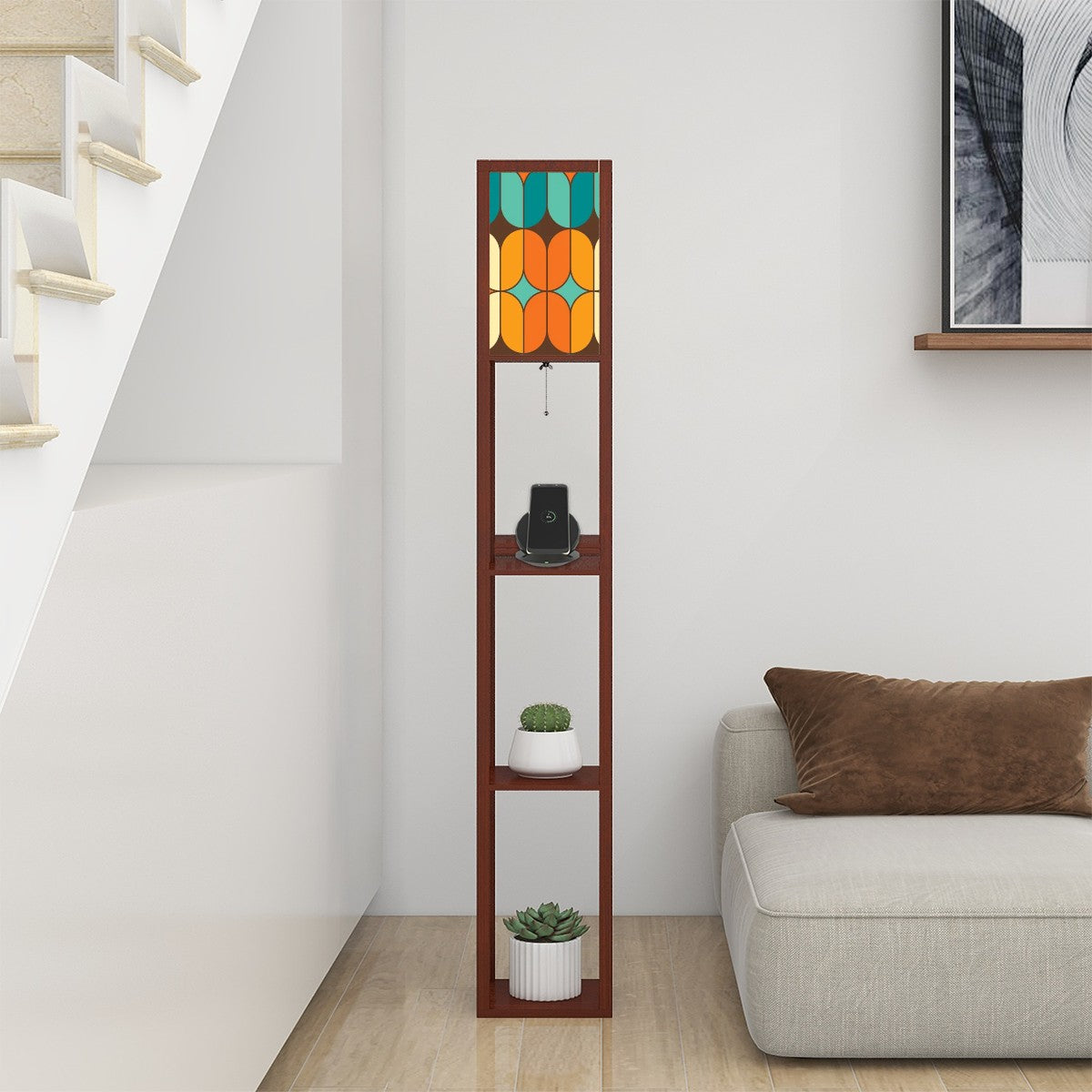 Mid Century Modern Orange Teal Geometric Pattern Floor Lamp with Shelves - Mid Century Modern Gal