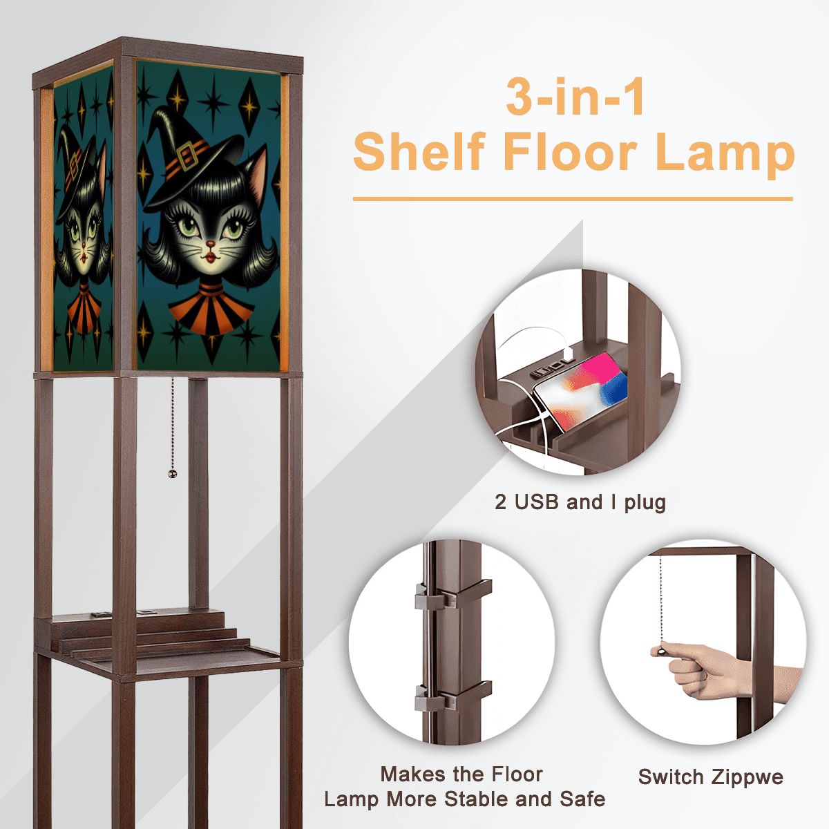 Vintage Halloween Black Cat Sexy Sexton Mid Century Modern Blue Floor Lamp with Shelves - Mid Century Modern Gal