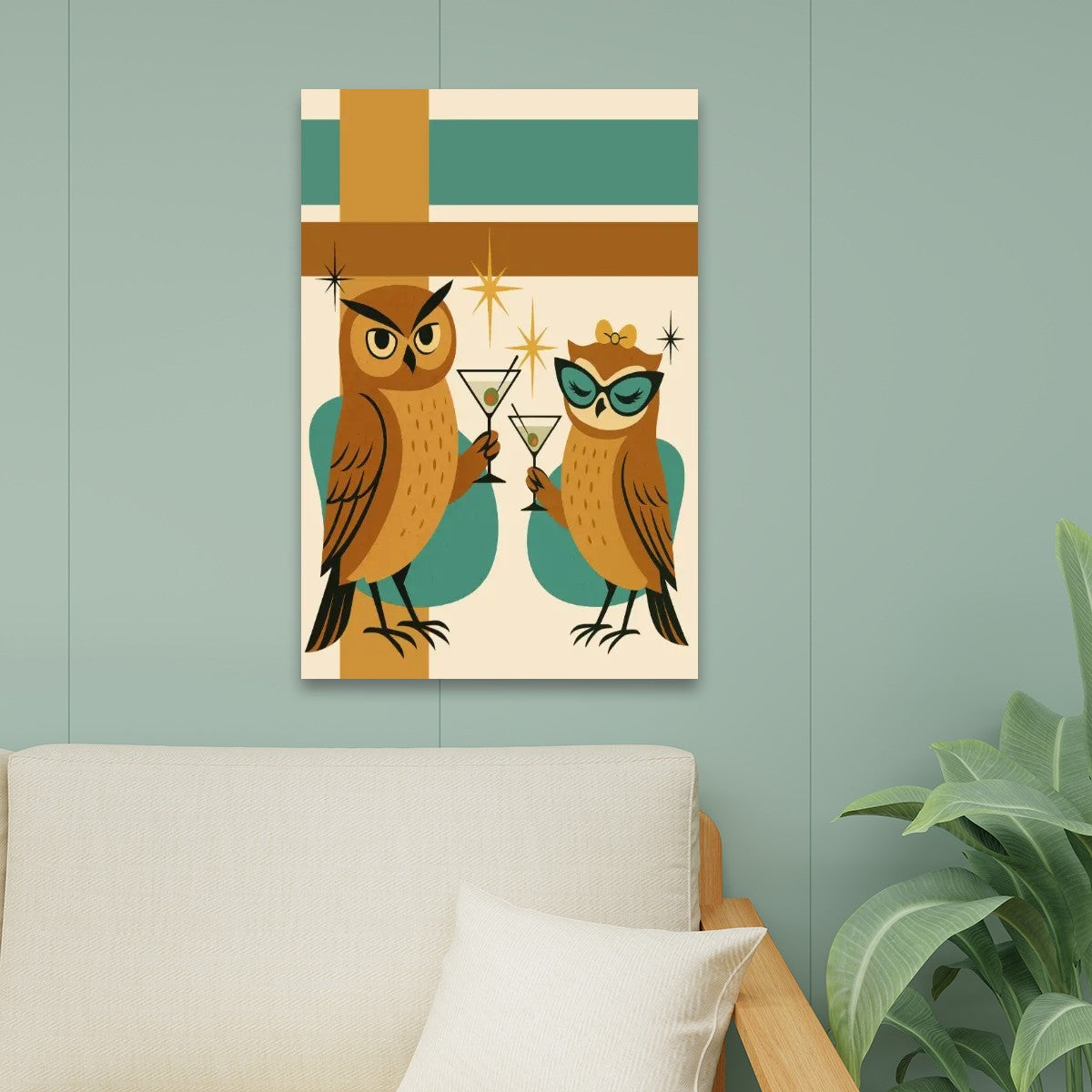 Mid Century Modern Kitschy Retro Martini Time Owls MCM Barware Wall Art - Mid Century Modern Gal