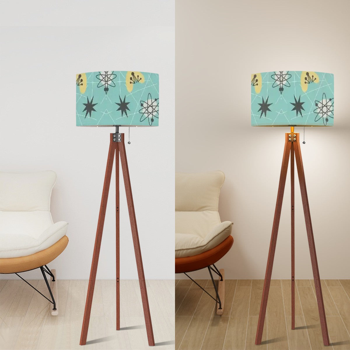 Mid Century Modern Atomic Space Age, Aqua Yellow Starburst Tripod Floor Lamp - Mid Century Modern Gal