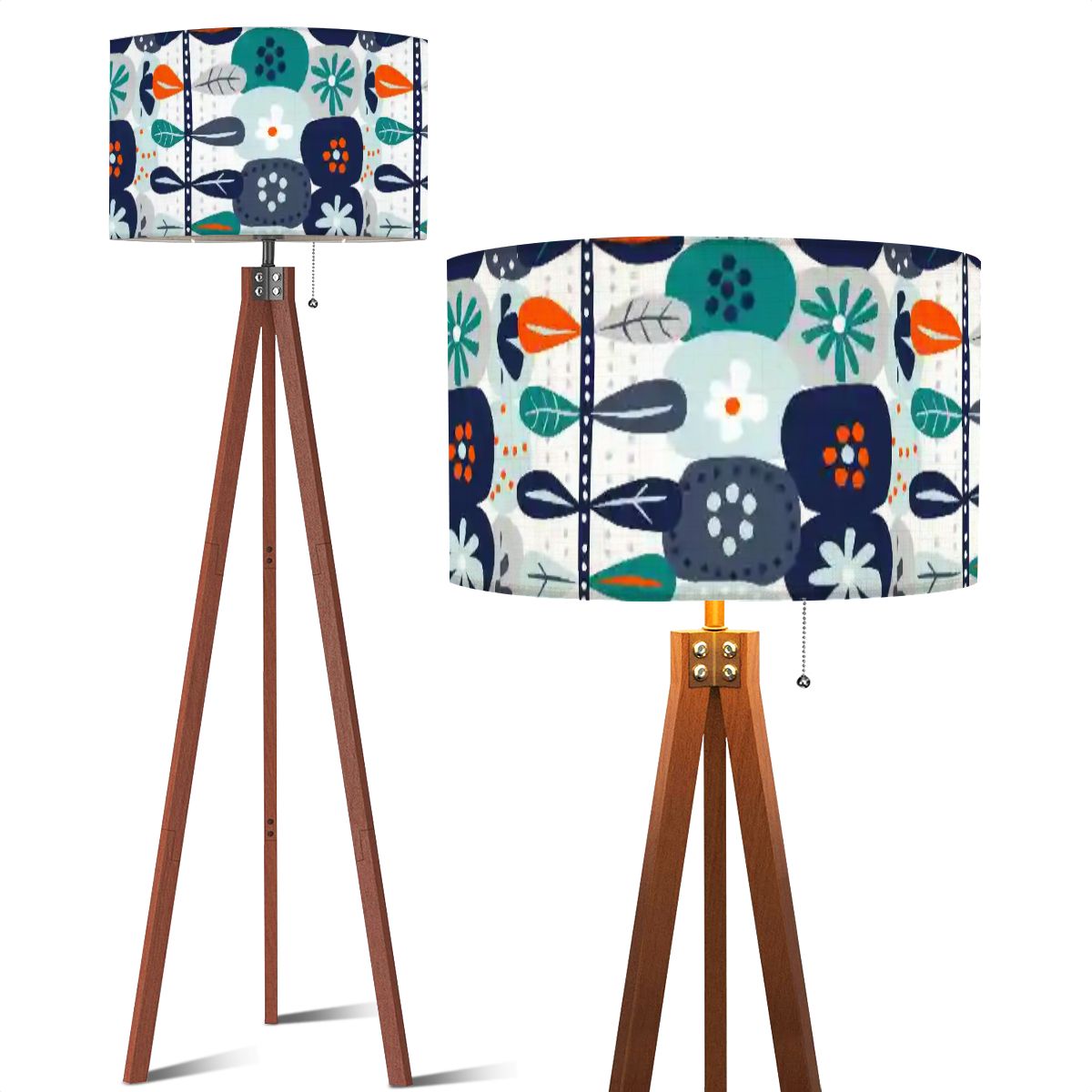 Scandinavian Floral Blue, Orange Modern Danish Nordic Hyggee Mid Century Modern Tripod Lamp - Mid Century Modern Gal