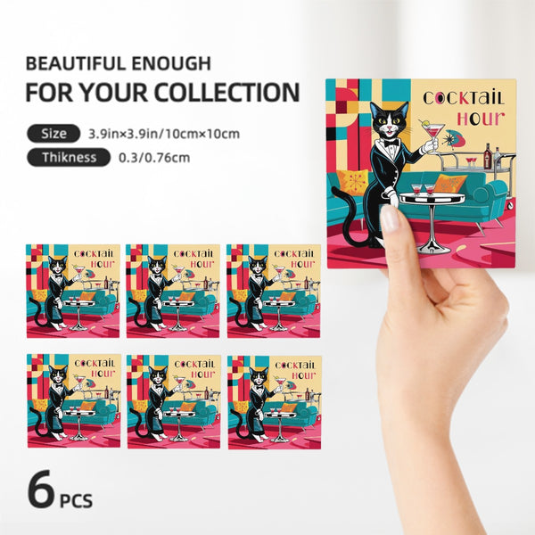 Mid Century Modern Barware Kitschy Cat Atomic Cocktail Hour Square Ceramic Coasters Set of 6
